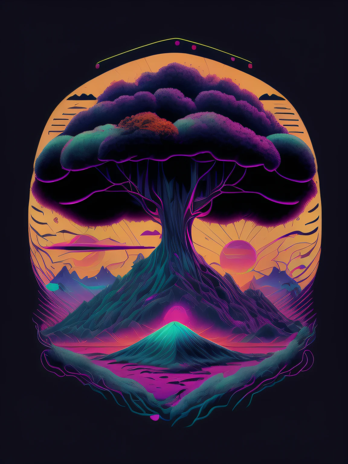 psicodelic, imagem vetorial, design de camiseta, isolado, fundo preto, futuristic 3D illustration, uma arvore ancestral