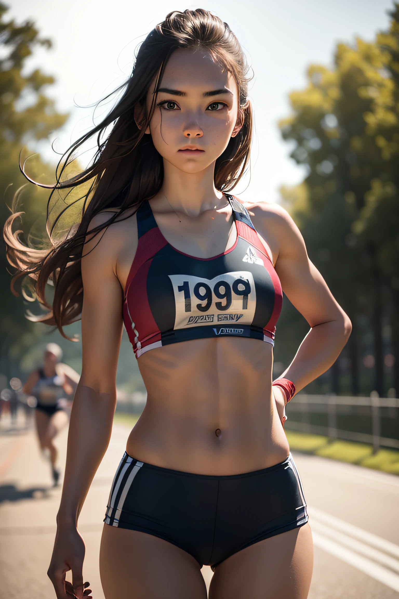 hyper realistic picture of 19 year old female cross country athlete, clear facial features, Cinematic, 20mm lens, f/1.8, accent lighting, global illumination --uplight --v 4
