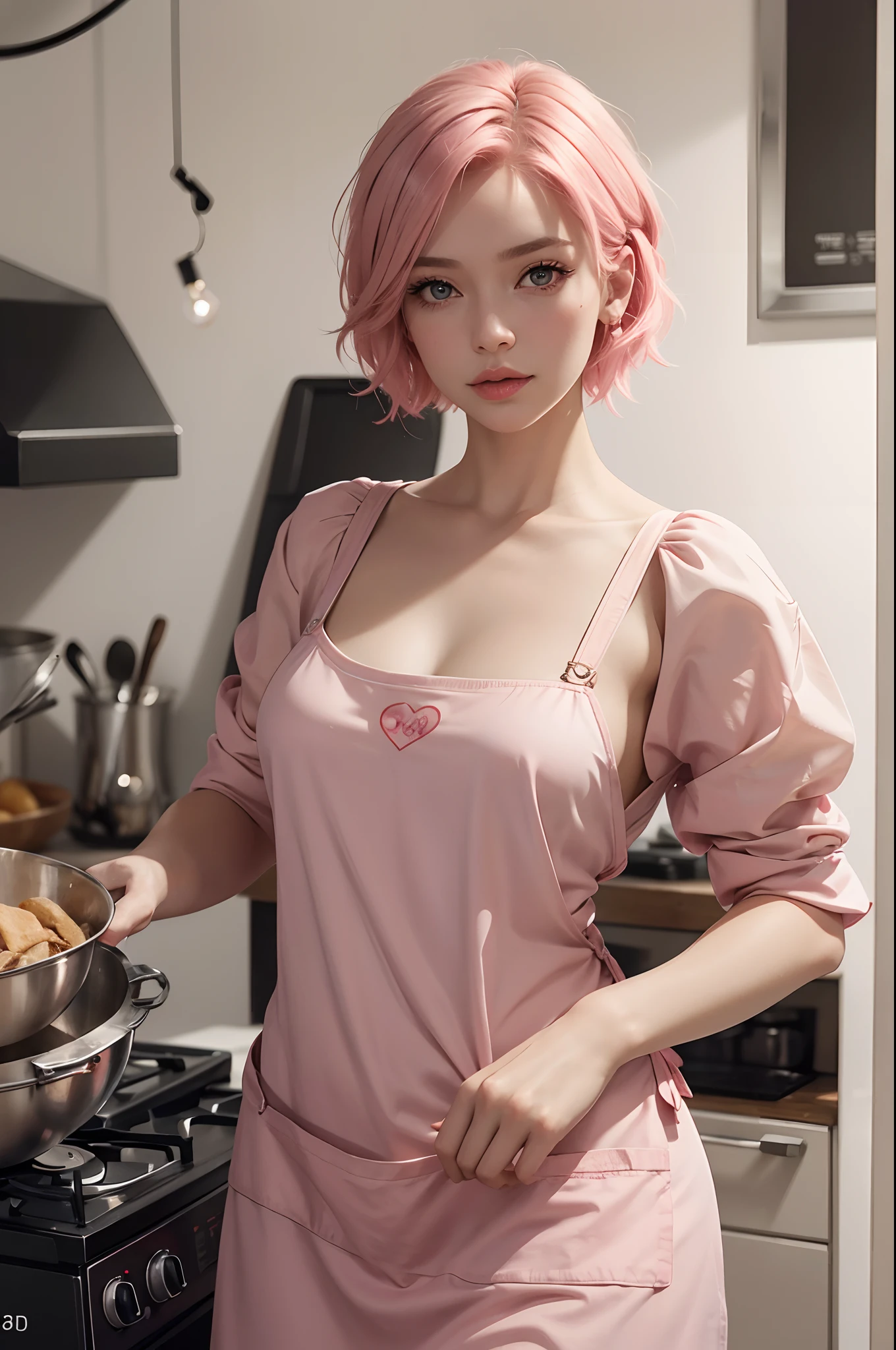 (A girl, European, Natural Short Pink Hair, red-eyes, Valkyrie, Goddess As A Face, Housewife Clothes, cook, apron),(Best Quality,4k,8K,hight resolution,Masterpiece:1.2),Ultra-detailed,(Realistic,Photorealistic,photo-realistic:1.37),portrai, Vivid colors, Warm tones, soft-lighting, Expensive Outfit, Strict clothing.