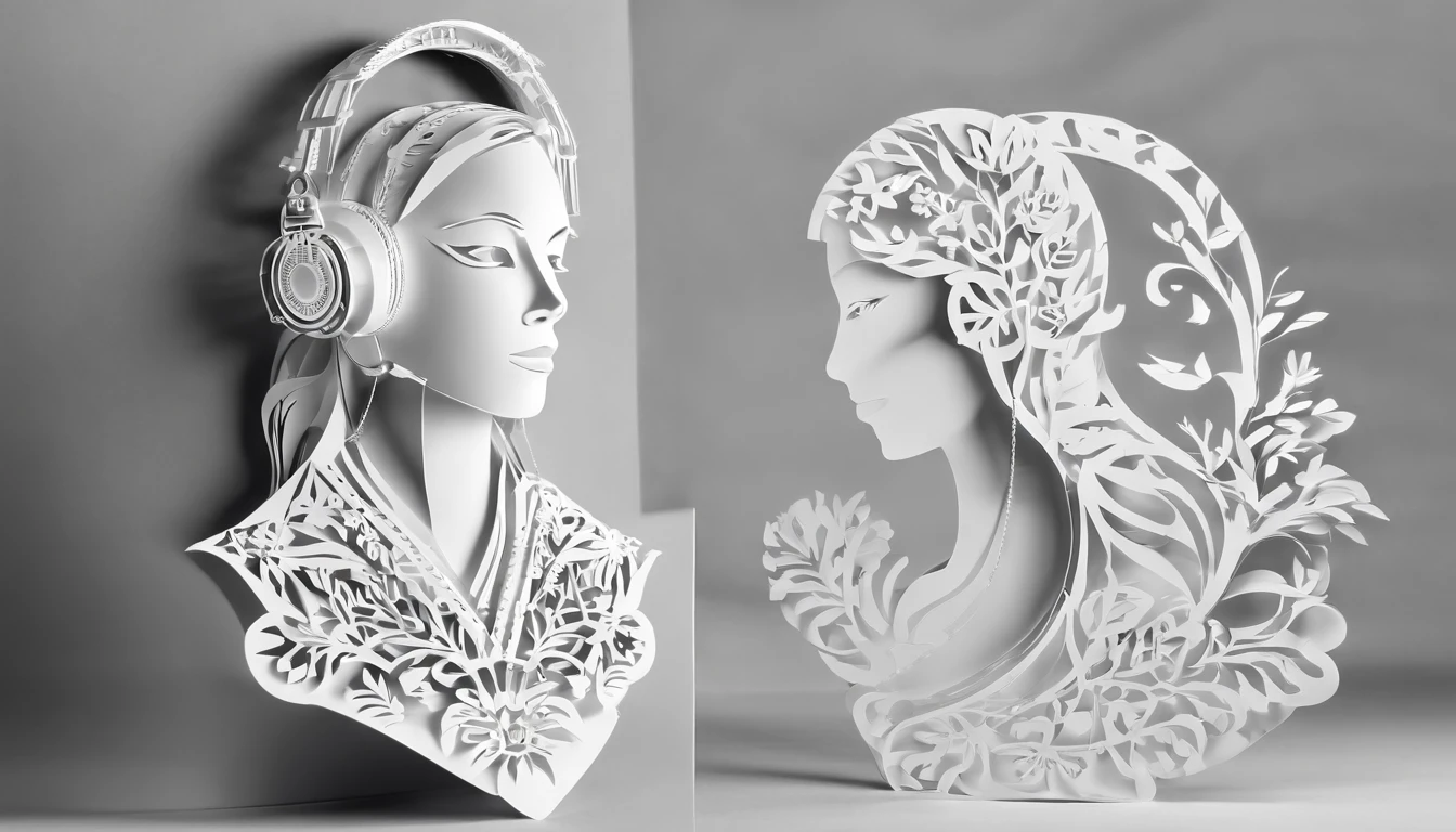 woman with headphone telemarketing paper cut