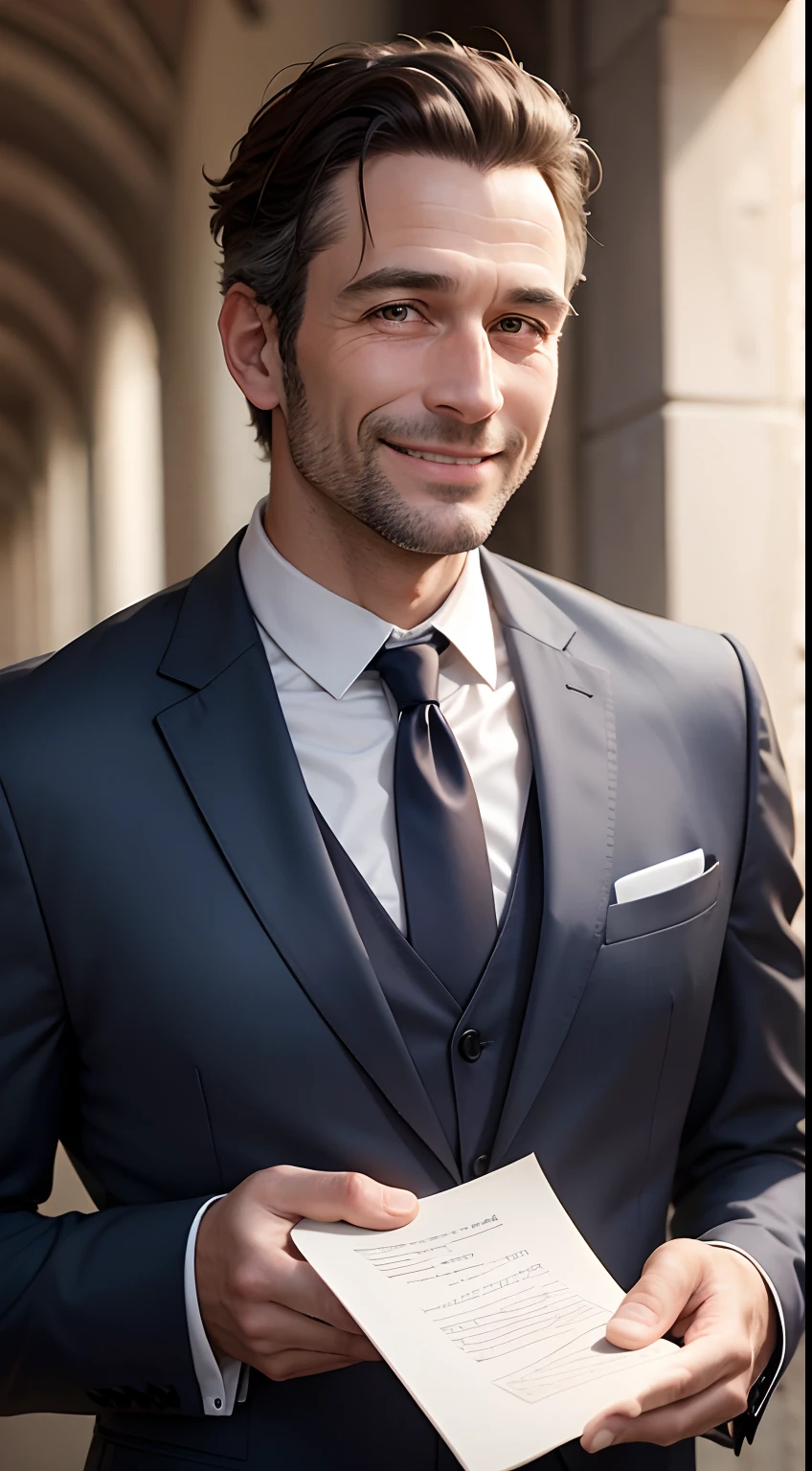 40 years old European man in suit,The expression is smiling,Read a letter