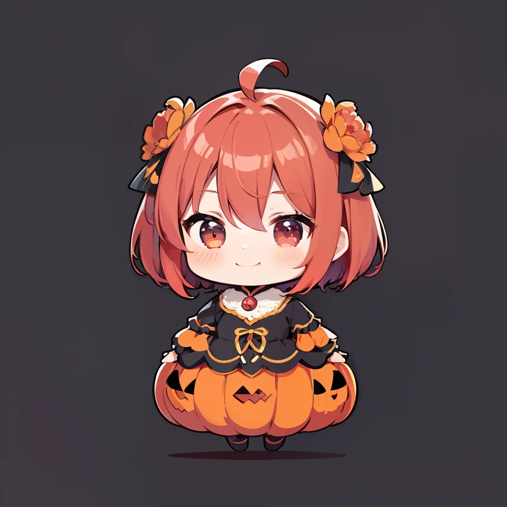 超A high resolution, nffsw, Best aesthetic, red hairs、A smile、Best Quality, masutepiece, Flat Avatar, Perfect litthing、(colourfull、vivd colour: 1.4)、Ahoge、full body Esbian, Peony hair ornament, Shorthair、 is shy, A smile, 、Ahoge, Chibi, simple background, 耳环, jewely, side locks, large oval eyes,Flat Avatar, simple background, Halloween Cosplay、Halloween Cosplay、Pumpkin Cosplay、Pumpkin Cosplay