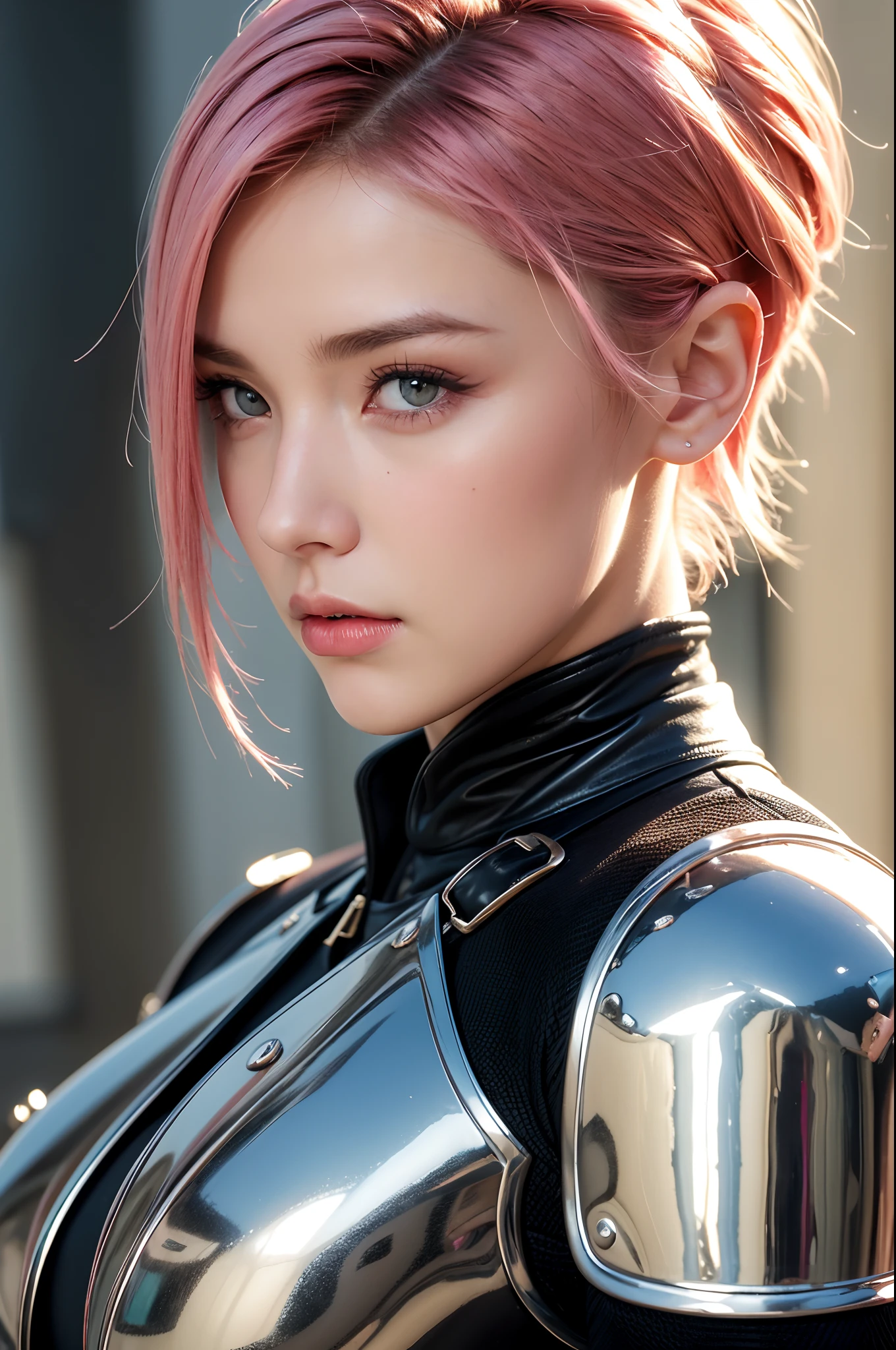 (A girl, European, Natural Short Pink Hair, red-eyes, warrior, Valkyrie, Goddess As A Face, Tight-fitting leather armor),(Best Quality,4k,8K,hight resolution,Masterpiece:1.2),Ultra-detailed,(Realistic,Photorealistic,photo-realistic:1.37),portrai, Vivid colors, Warm tones, soft-lighting, Expensive Outfit, Strict clothing.