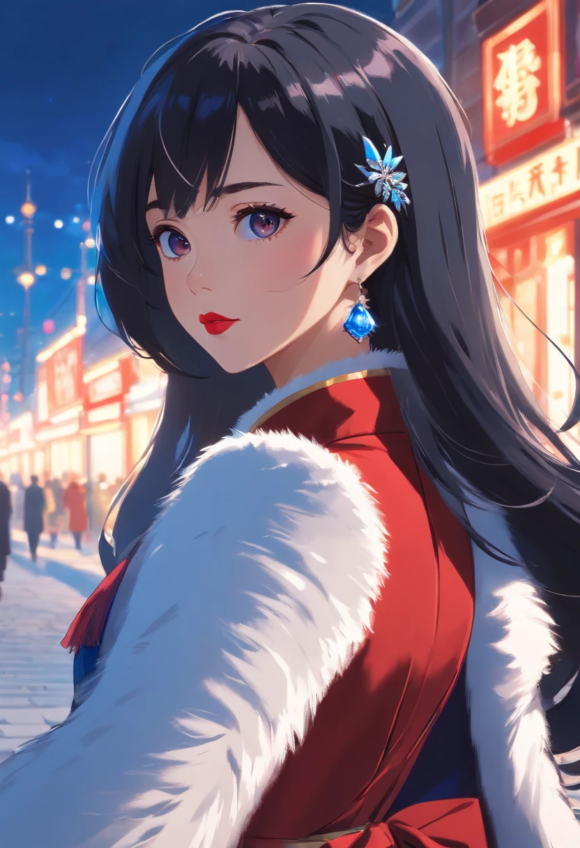 stunning Western noblewoman, black hair, long hair, red lips, royal blue dress, white fur coat, jewelries, digital art, realism, full body view, detailed background, cinematic lighting, cinema scope, Anamorphic lens, 35 mm film