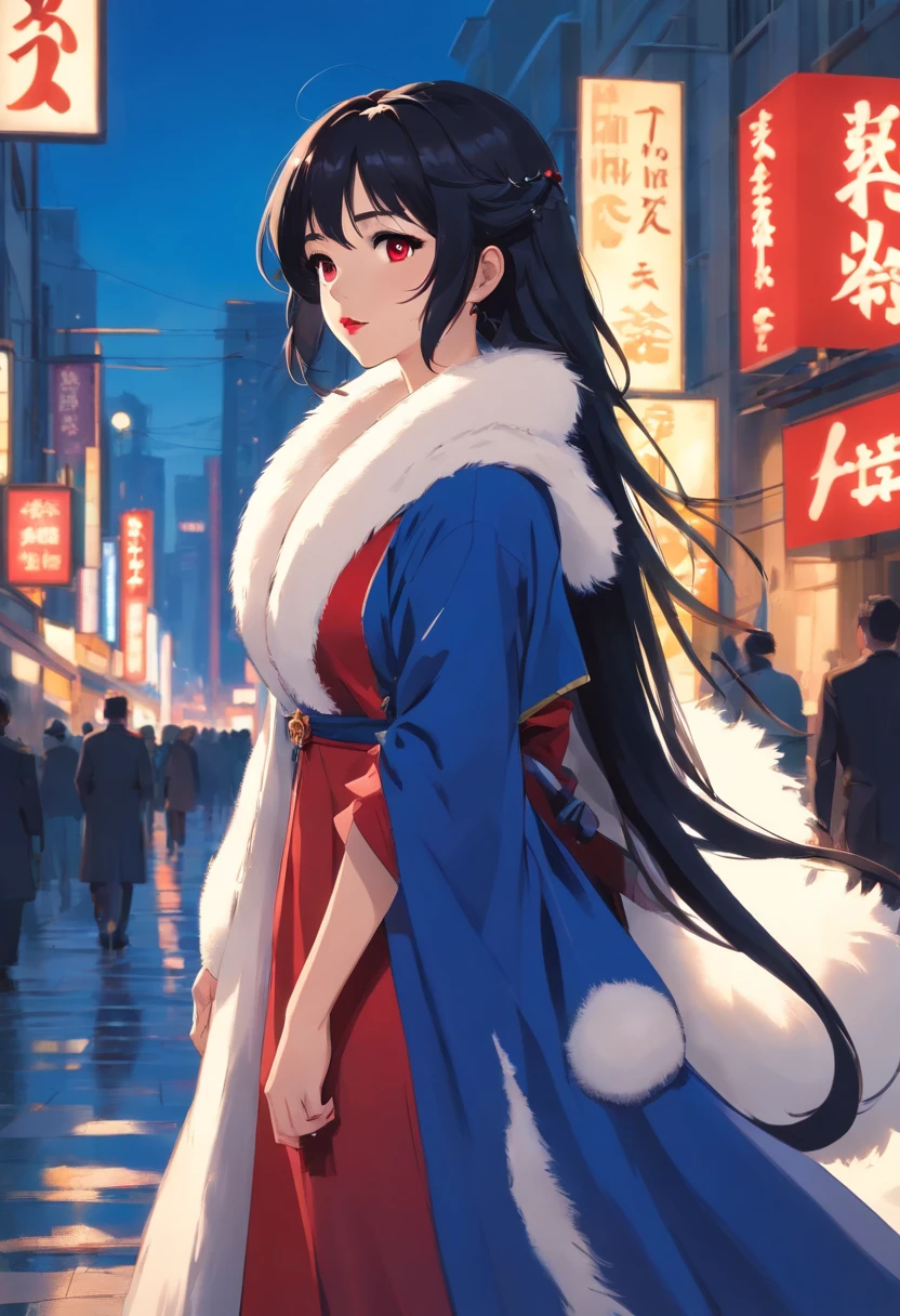 stunning Western noblewoman, black hair, long hair, red lips, royal blue dress, white fur coat, jewelries, digital art, realism, full body view, detailed background, cinematic lighting, cinema scope, Anamorphic lens, 35 mm film