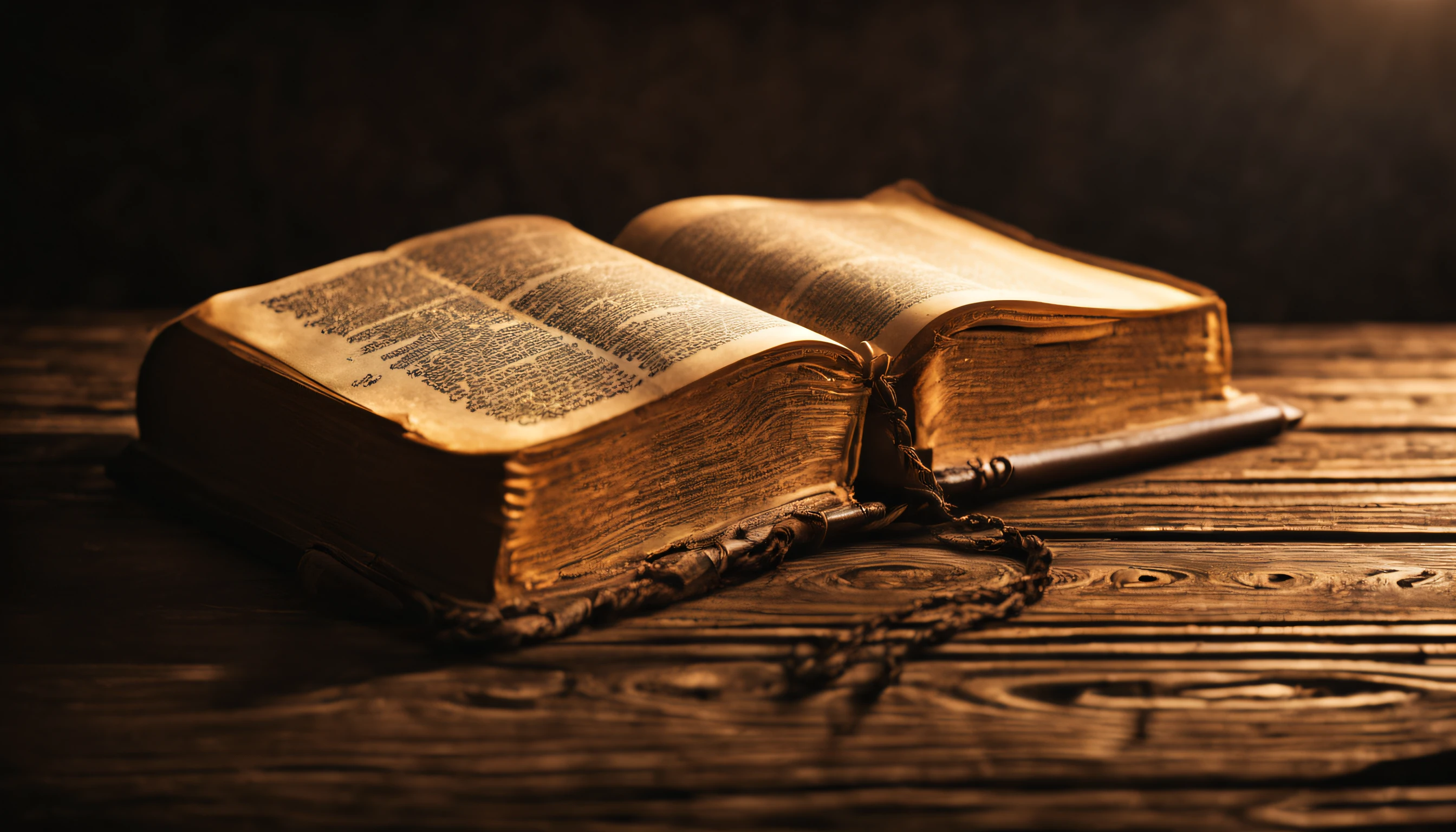 ANTIQUE BIBLE ON ANTIQUE WOODEN TABLE, LIGHT ON IT, DARK, REALISTIC