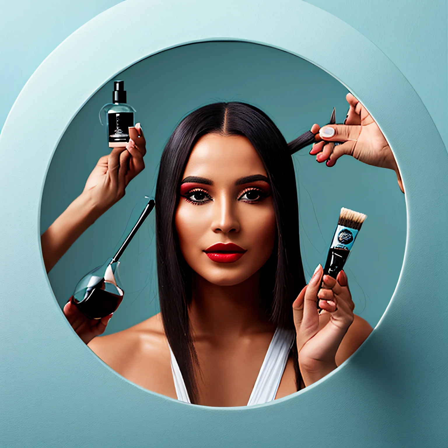 A woman is doing her hair with a brush and a bottle of liquid, maquiagem, photoshoot para marca de cuidados com a pele, ousado, tez imaculada, com maquiagem profissional, olhar intenso, feature, rosto, perfect features, Rosto ricamente definido, primeiro plano, Como, Ad image, Mistura, facial, Unique Unconventional Beauty, flexible look, 💋 💄 👠 👗