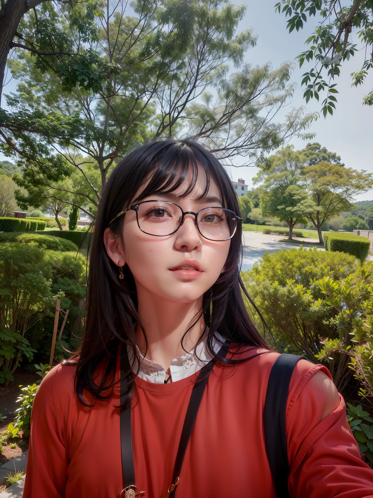 there is a woman with glasses and a red shirt posing for a picture, 8k selfie photograph, with square glasses, wearing thin large round glasses, with glasses, inspired by Kim Jeong-hui, selfie of a young woman, wearing square glasses, xintong chen, ulzzang, inspired by Jung Park, inspired by Ma Yuanyu, luxury background, bondages, tied maid slave, beautiful and sexy hottest
