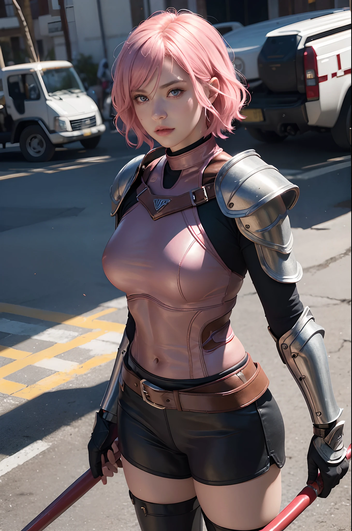 (A girl, European, Natural Short Pink Hair, red-eyes, warrior, Valkyrie, Goddess As A Face, Tight-fitting leather armor),(Best Quality,4k,8K,hight resolution,Masterpiece:1.2),Ultra-detailed,(Realistic,Photorealistic,photo-realistic:1.37),portrai, Vivid colors, Warm tones, soft-lighting, Expensive Outfit, Strict clothing.