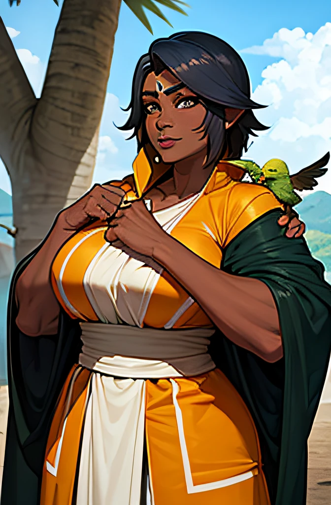 An 50 year old bird trainer woman, dnd ranger, black skin, tribal clothes, tropical enviroment, bird on her shoulder, animal trainer robes, dnd ranger, Bird on shoulder