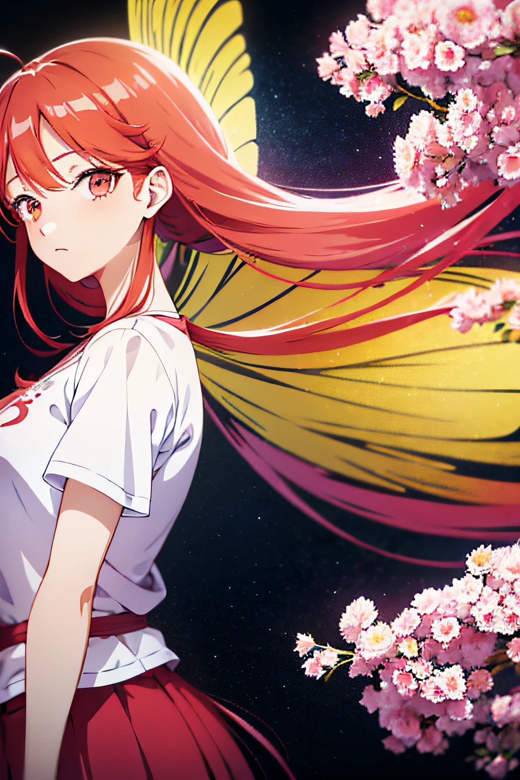 anime girl with red hair and white shirt with flowers in her hair, beautiful anime portrait, anime style portrait, portrait of an anime girl, portrait anime girl, beautiful anime art style, anime portrait, anime style illustration, digital anime illustration, detailed portrait of anime girl, anime illustration, red hair girl, clean detailed anime art, anime girl portrait profile, beautiful anime style, two massive yellow butterfly wings protruding from her back