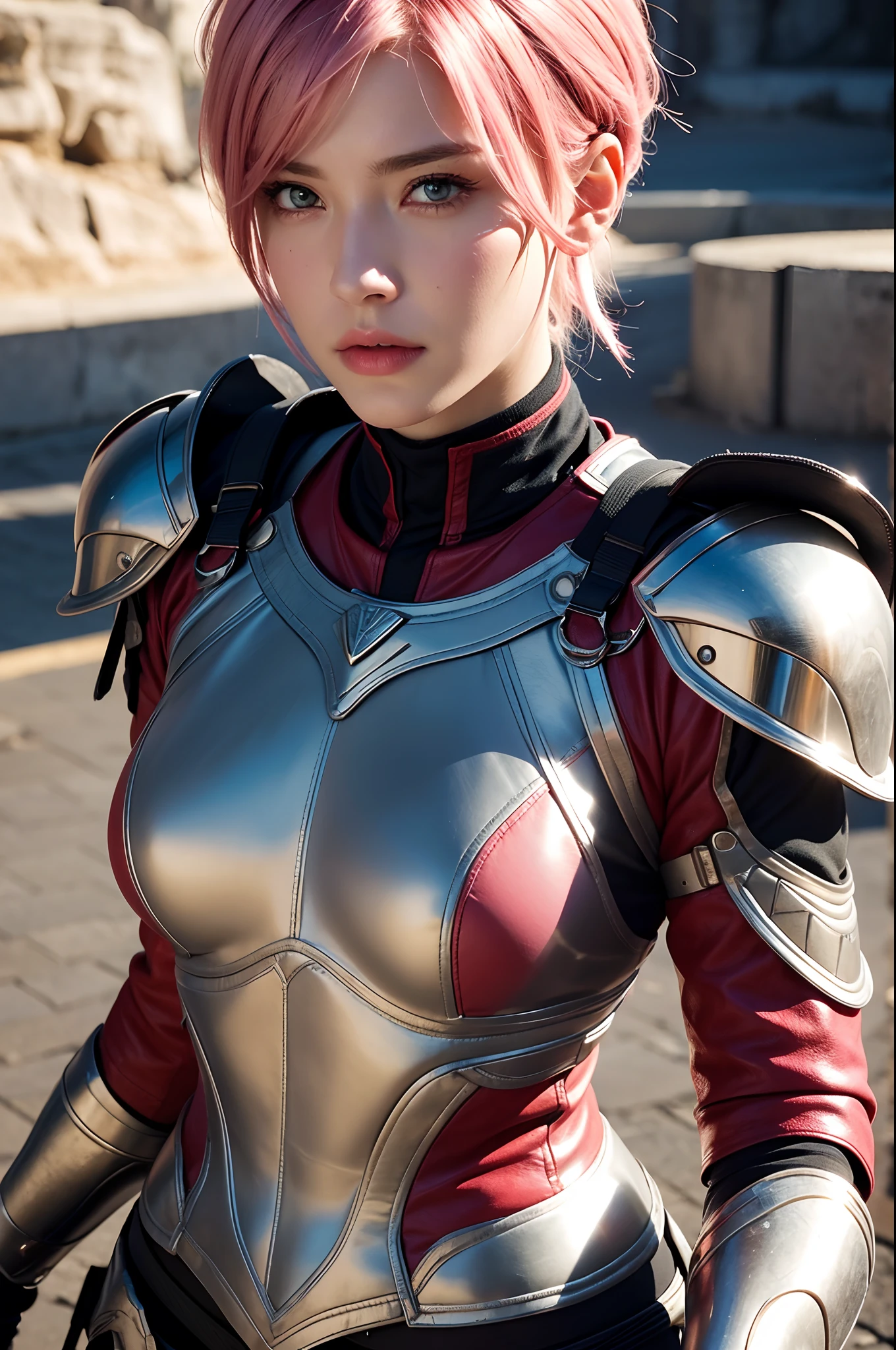 (A girl, European, Natural Short Pink Hair, red-eyes, warrior, Valkyrie, Goddess As A Face, Tight-fitting leather armor),(Best Quality,4k,8K,hight resolution,Masterpiece:1.2),Ultra-detailed,(Realistic,Photorealistic,photo-realistic:1.37),portrai, Vivid colors, Warm tones, soft-lighting, Expensive Outfit, Strict clothing.