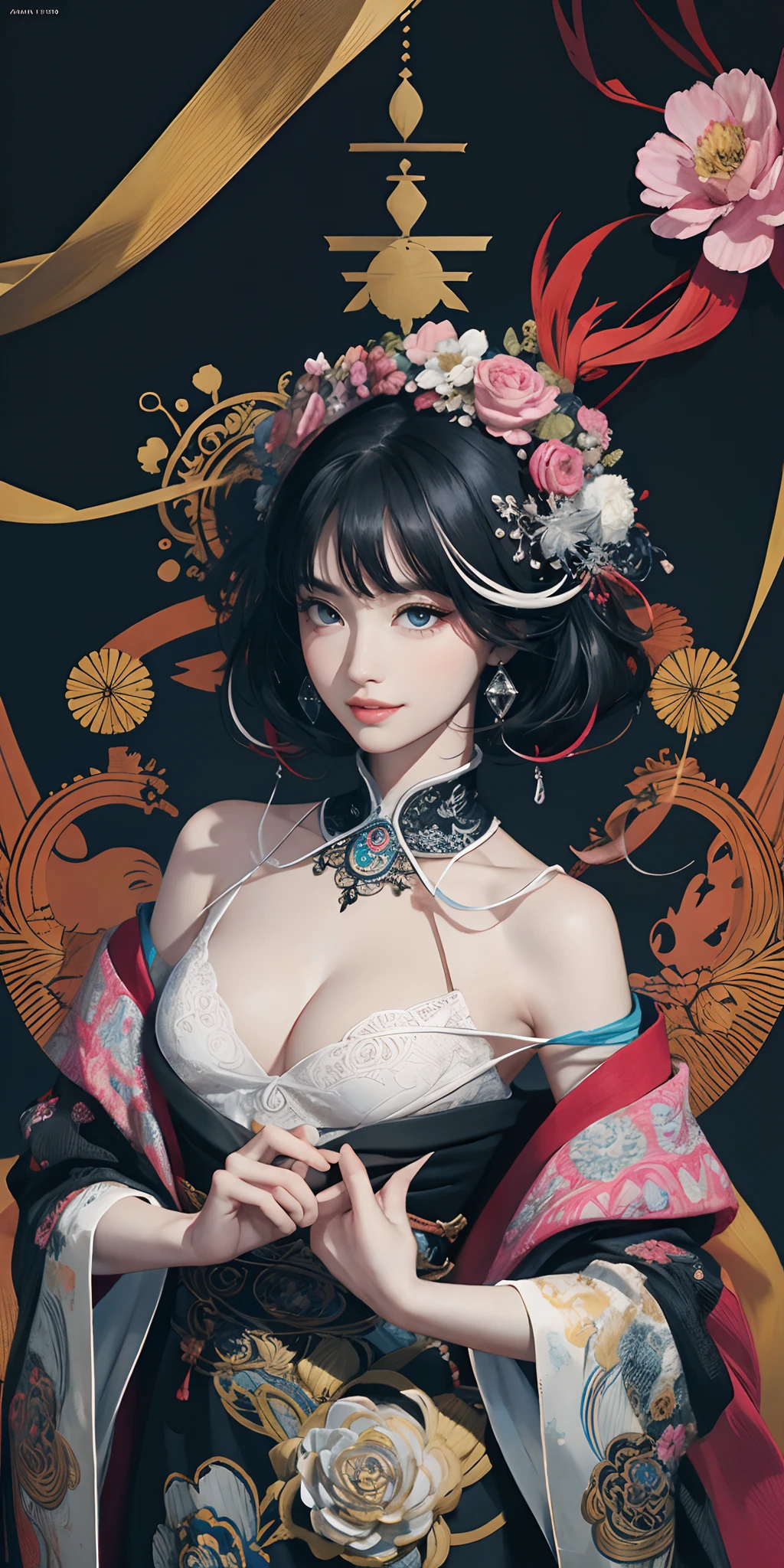official art, unity 8k wallpaper, ultra detailed, beautiful and aesthetic, masterpiece, best quality, chinese style, (zentangle, mandala, tangle, entangle), ecstasy of flower, 1girl, extremely detailed, dynamic angle, cowboyshot, the most beautiful form of chaos, elegant, a brutalist designed, vivid colours, romanticism, by james jean, roby dwi antono, ross tran, francis bacon, michal mraz, adrian ghenie, petra cortright, gerhard richter, takato yamamoto, ashley wood, atmospheric