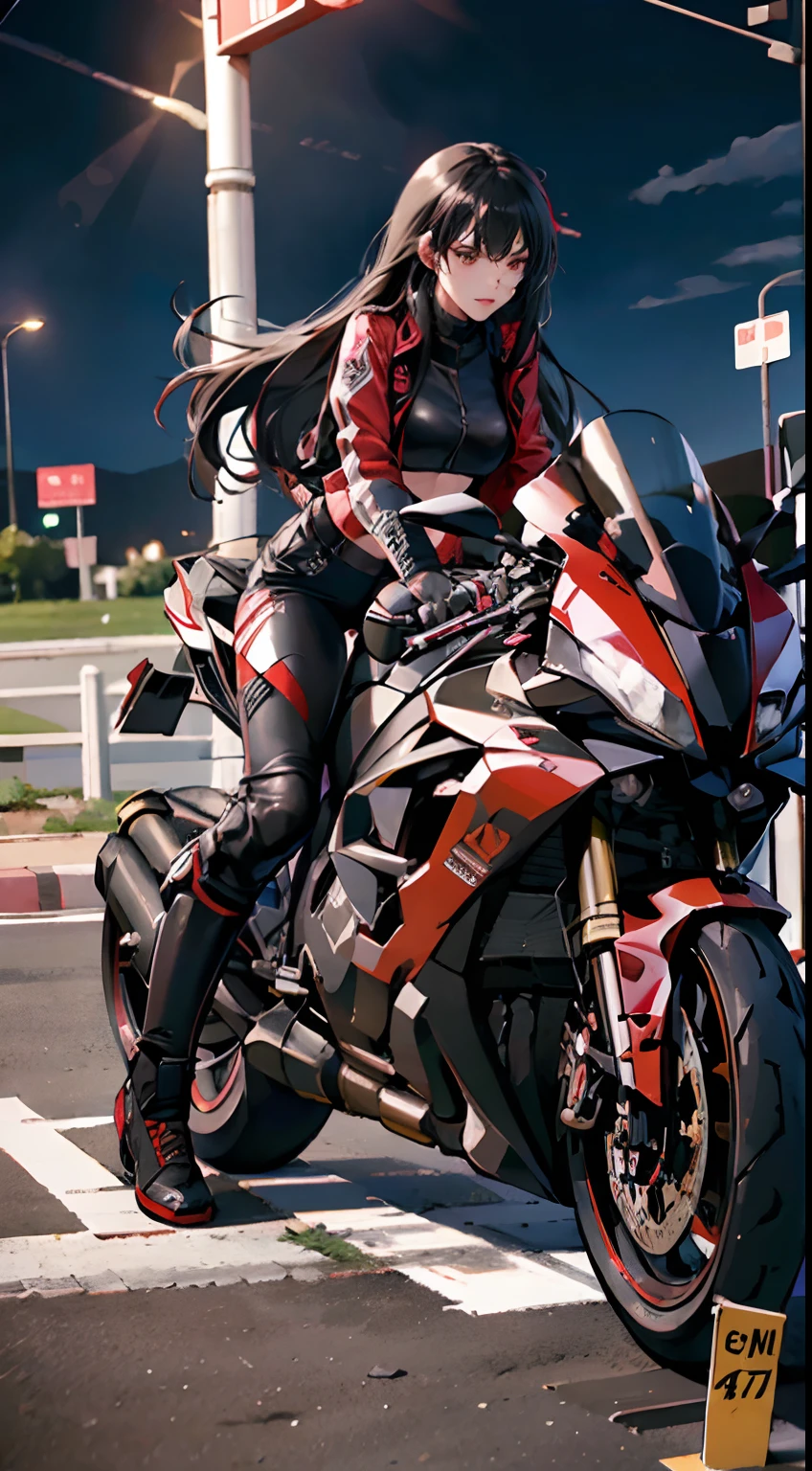 (Best Quality,4K,High resolution), high-level image quality、High quality pixels、Resolution up、Female rider riding motorcycle on national highway、Intricately decorated red rider jacket、Navel Ejection、Tight leather pants、cross belt、Long hair with red highlights on black hair、Drift Metallic Red Bike、Expresses a sense of speed and dynamism、Realistic depiction with delicate details、sharp eye、Full body projection