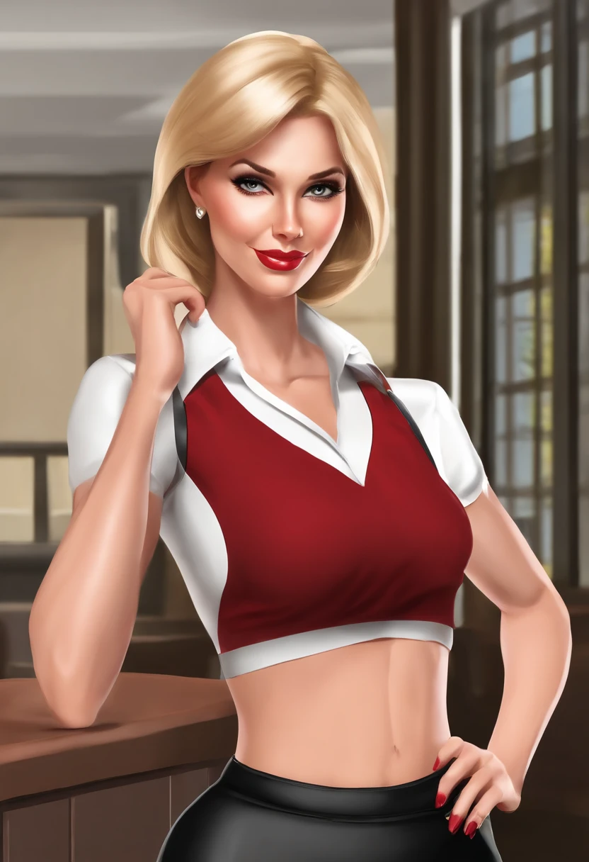 A slim mousy teacher drinks a muscle growth potion causing her to grow taller, faster and stronger in her cute dark-red professional blouse. short blonde bob, narrow hips, flat chest, thin thighs, flat ass, petite, narrow shoulders, long black professional skirt, lanky frame