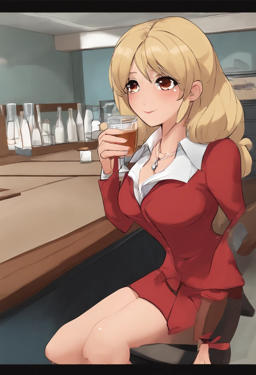 A slim mousy teacher drinks a muscle growth potion causing her to grow taller, faster and stronger in her cute dark-red professional blouse. short blonde bob, narrow hips, flat chest, thin thighs, flat ass, petite, narrow shoulders, long black professional skirt, lanky frame