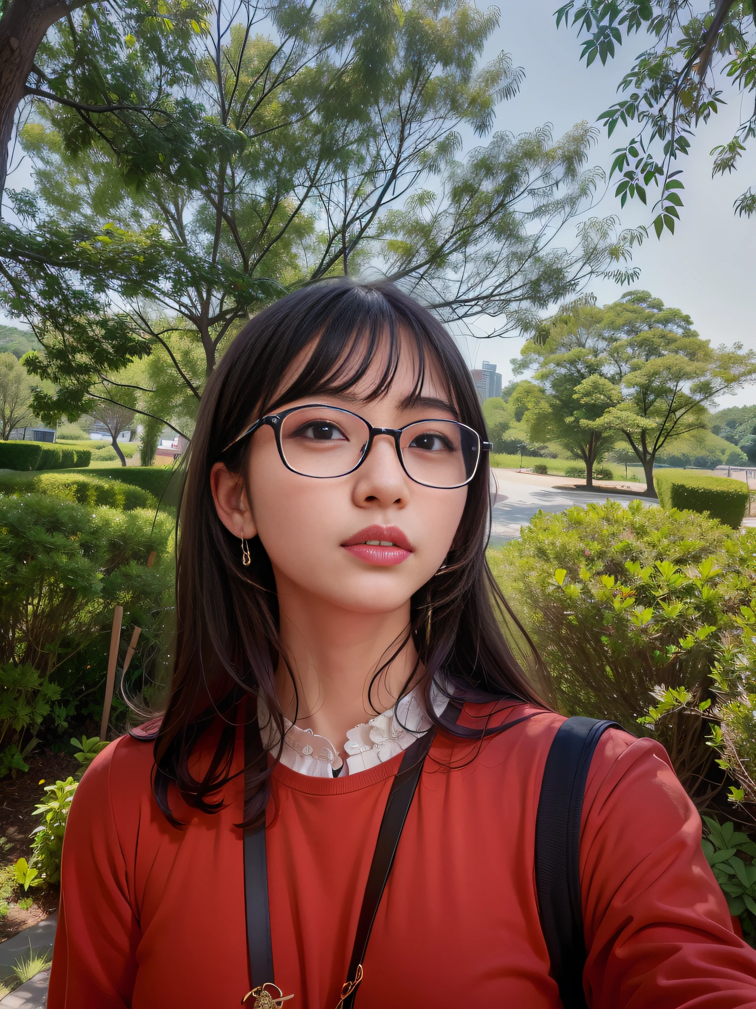 there is a woman with glasses and a red shirt posing for a picture, 8k selfie photograph, with square glasses, wearing thin large round glasses, with glasses, inspired by Kim Jeong-hui, selfie of a young woman, wearing square glasses, xintong chen, ulzzang, inspired by Jung Park, inspired by Ma Yuanyu, luxury background, bondages, tied maid slave, beautiful and sexy hottest