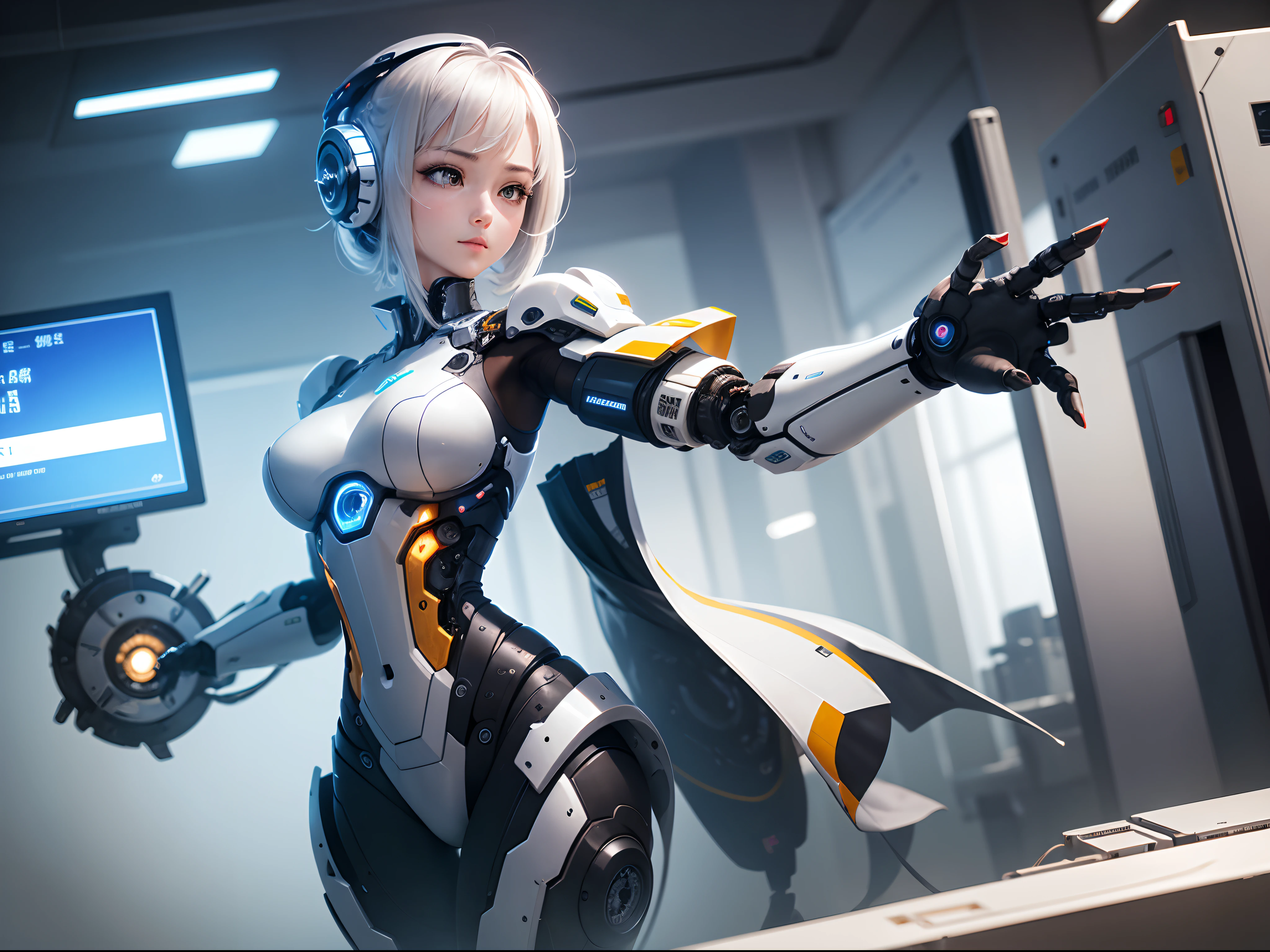 The robotic arm extends its index finger and taps the screen。There are various high-precision machines in operation around,Full of technology