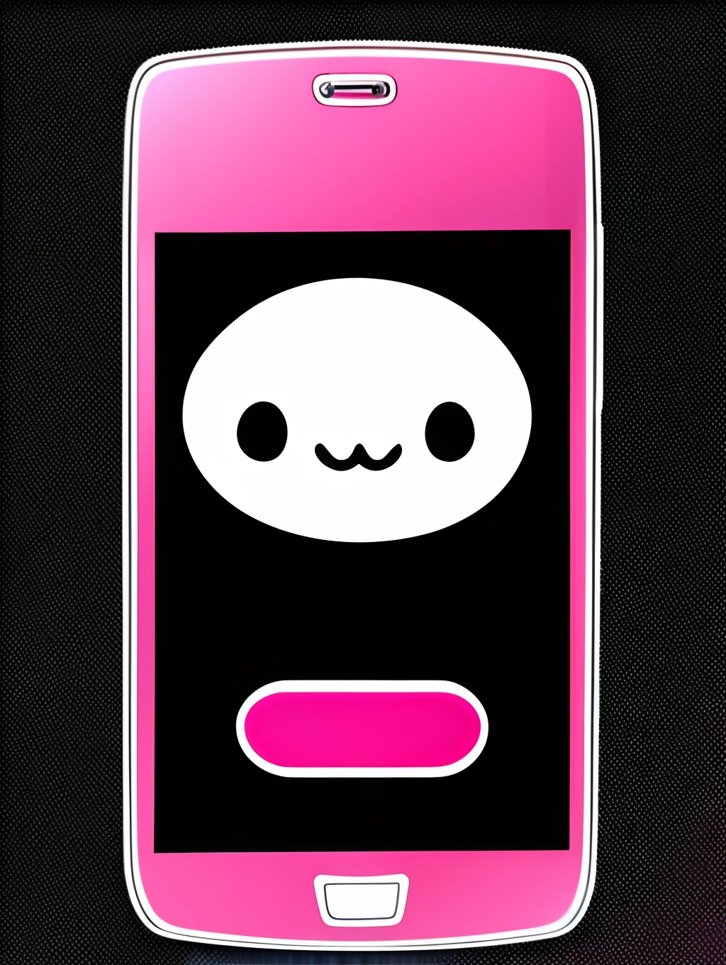 A cell phone that has a kawaii blushing and smiling face in it with a black background. In an anime aesthetic.