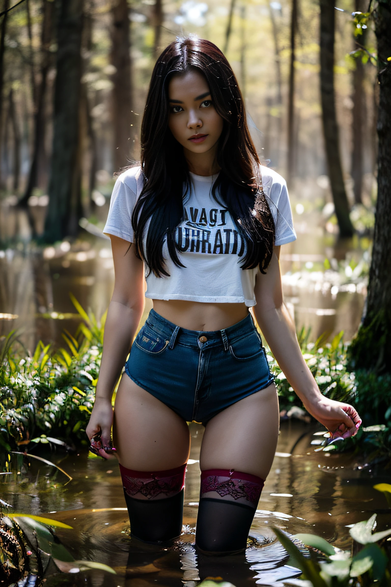 Psychological thriller, pale skin,Face detailing,Natural Texture, Pronounced wrinkles, in a denim skirt, T-shirt and lace stockings with garters. standingn, (She is buried in a swamp up to her thighs:1.4), (Awkward situation:1.1), Eyes wide with horror. Fog hangs heavy in the air, Cover-Up of Ominous Events.(Against the background of a red glow).Emphasis on lace stockings,