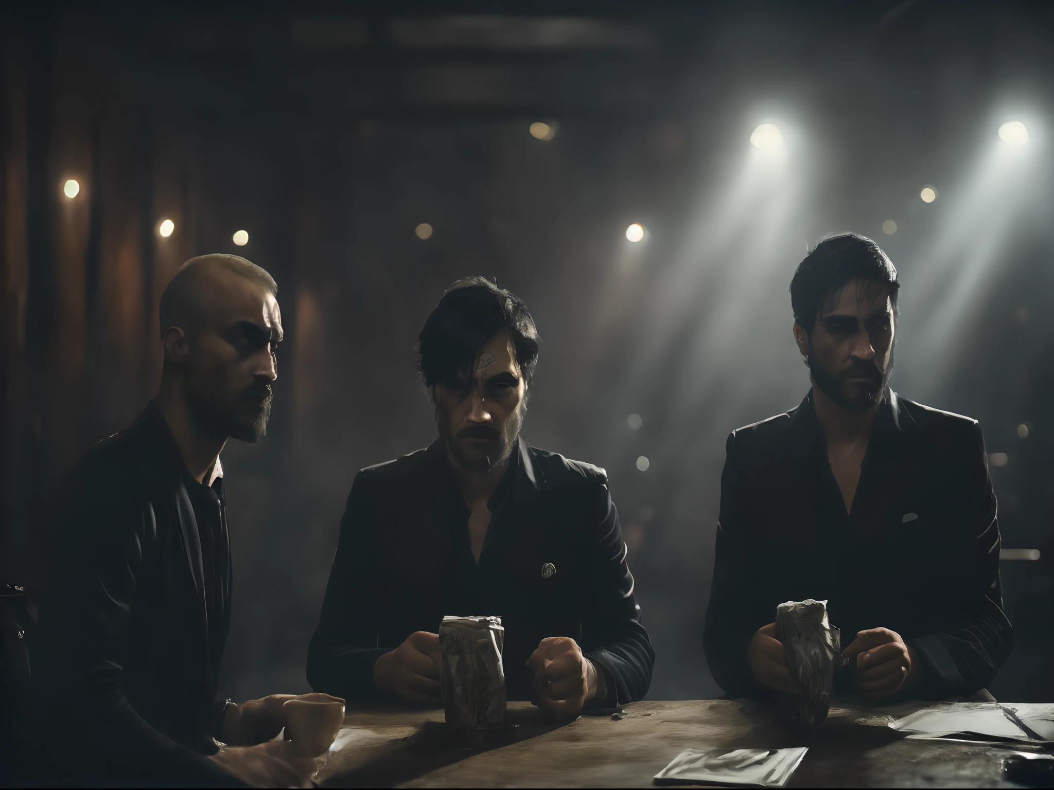 Three men in suits sitting at a table with guns and money, mafia background hyper detailed, mafia, cavalheiro, Mafioso, dramatic artwork, Arte conceitual como Ernest Khalimov, Arte 4K, arte conceitual escura fotorrealista, badass composition, Godfather, Directed by: Emma Andijewska, Trindade, sharp high quality artwork, arte de fundo, Papel de parede 4k, 2K