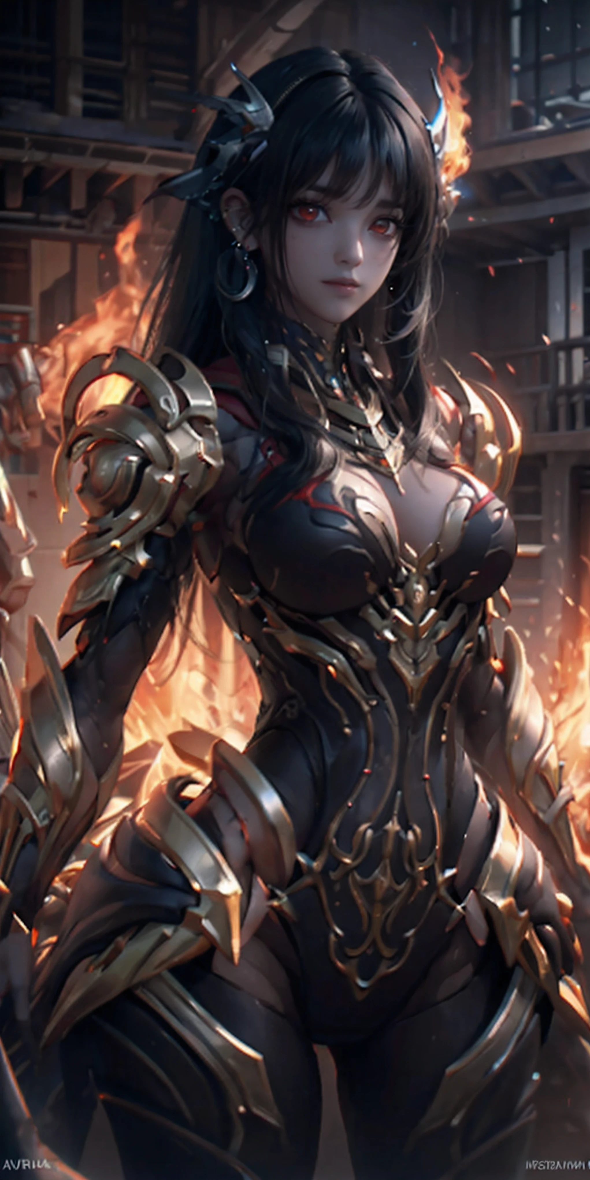 beautiful detailed background, octane render, 8k, best quality, masterpiece, illustration, extremely delicate and beautiful, detailed,extremely detailed,CG,unity,wallpaper,Amazing, fine detail, realistic art: 1.2 ,masterpiece, best quality, official art, extremely detailed CG unity 8k wallpaper,1girl, (((long black straight hair,))), dark knight,red eyes,beautiful face, upper body,(black Armor and red robe,) looking at view, realistic photo,Evil laugh,
(hiqcgbody) ,perfect female figure,earring,narrow waist, (looking at view), alluring,prestige,(fire,indoor,ruins)