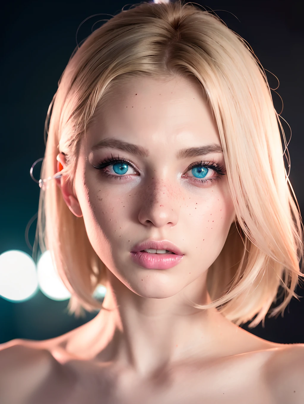 (Girl, 28 years, bold, sharp, exotic makeup designed, pale skin, blonde, bulging veins and neck bones, glow blue lipsticks, neon eyeliner, green eyeshadows), (melancholy and tired expression), (best quality:1.5), (perfect detailed:1.5), (sharp blue eyes), (perfect hair), (((Photorealistic))), (vibrant), (bright hair, freckles, matte makeup), (sharp white lights illuminating the face), bokeh effect, raw, white wall background, soft ambient lights, neon pink lights from the ceiling