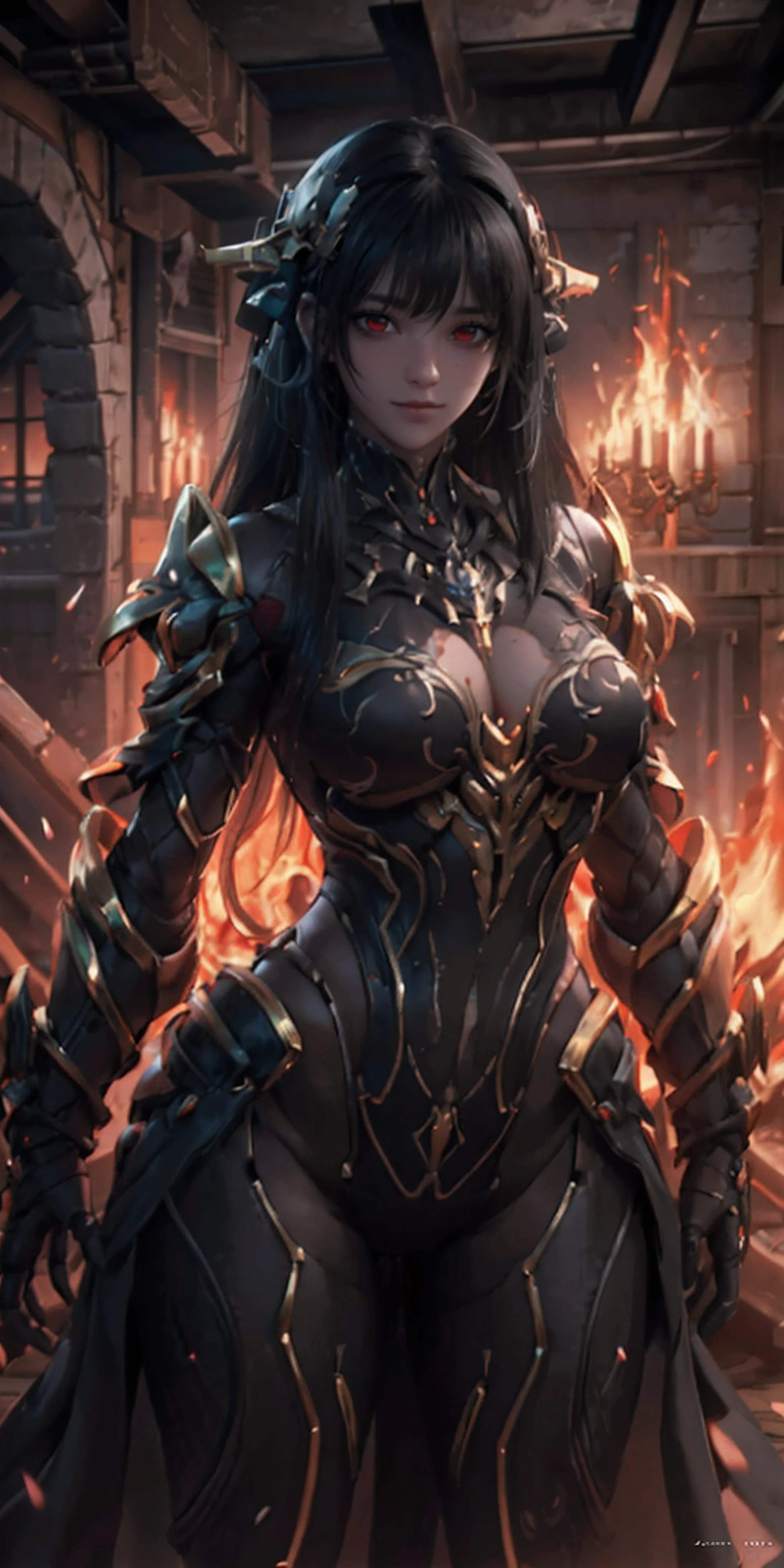 beautiful detailed background, octane render, 8k, best quality, masterpiece, illustration, extremely delicate and beautiful, detailed,extremely detailed,CG,unity,wallpaper,Amazing, fine detail, realistic art: 1.2 ,masterpiece, best quality, official art, extremely detailed CG unity 8k wallpaper,1girl, (((long black straight hair,))), dark knight,red eyes,beautiful face, upper body,(black Armor and red robe,) looking at view, realistic photo,Evil laugh,
(hiqcgbody) ,perfect female figure,earring,narrow waist, (looking at view), alluring,prestige,(fire,indoor,ruins)