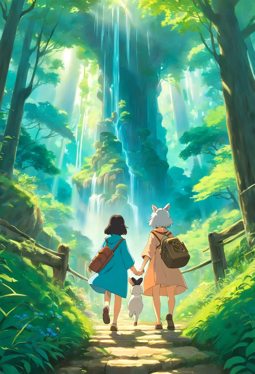 A couple on mission, Joven con cabello miel y otra joven con piel crema y cabello negro corto y ondulado, Corre por un sendero encantado, Below the surroundings of a magical forest a resplendent waterfall, Enchanted cat accompanies, Rabbit Guide, Hada mariposa, magic forest, ..3D, anime, obra maestra