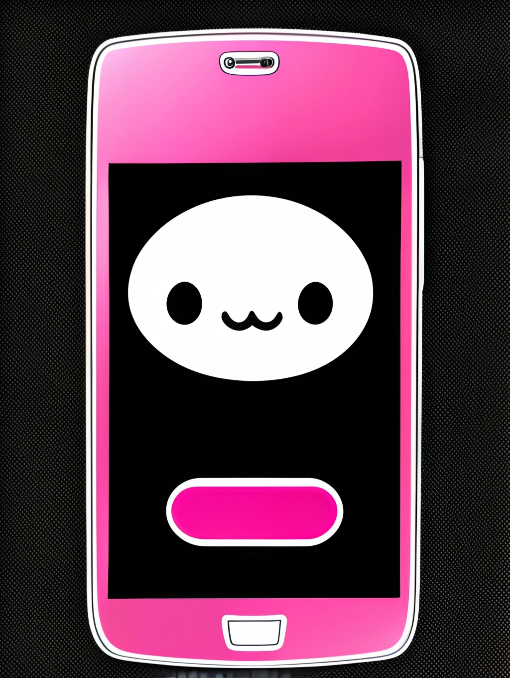 A cell phone that has a kawaii blushing and smiling face in it with a black background. In an anime aesthetic.