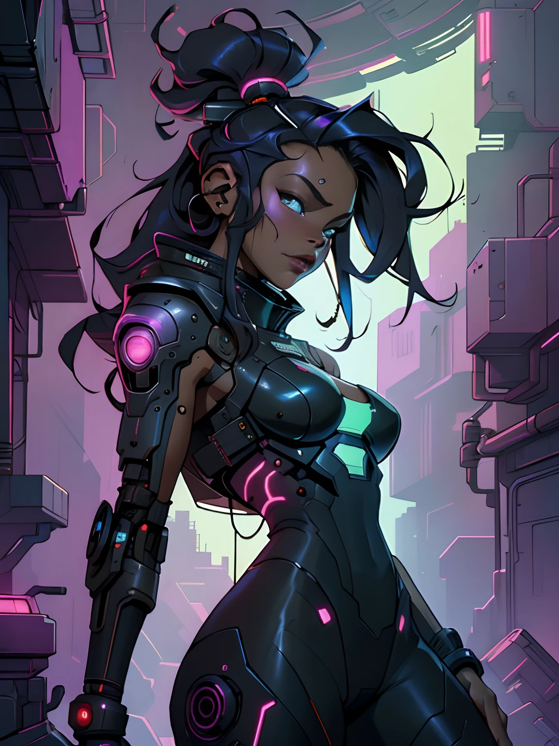 ((nsfw cyber punk Mulher negra de 30 anos)), (qualidade superior、8k、32k、obra prima, NSFW)、The ultra-A high definition、Fotorrealista:1.4、Fotografia RAW, a parte superior do corpo, Figura perfeita encantadora, actionpose:1.2, Moda cyberpunk detalhada, Mundo de Cyberpunk, profundidade de campos, Space station orbiting a dead dwarf star