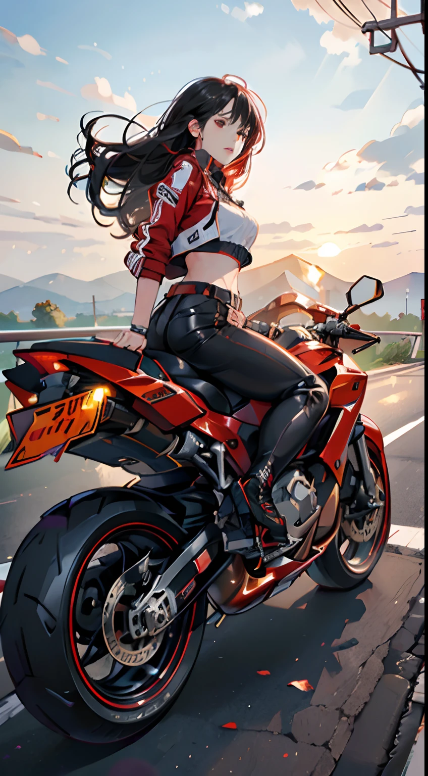 (Best Quality,4K,High resolution), high-level image quality、High quality pixels、Resolution up、Female rider riding motorcycle on national highway、Intricately decorated red rider jacket、Navel Ejection、Tight leather pants、cross belt、Long hair with red highlights on black hair、Drift Metallic Red Bike、Expresses a sense of speed and dynamism、Realistic depiction with delicate details、sharp eye、Full body projection