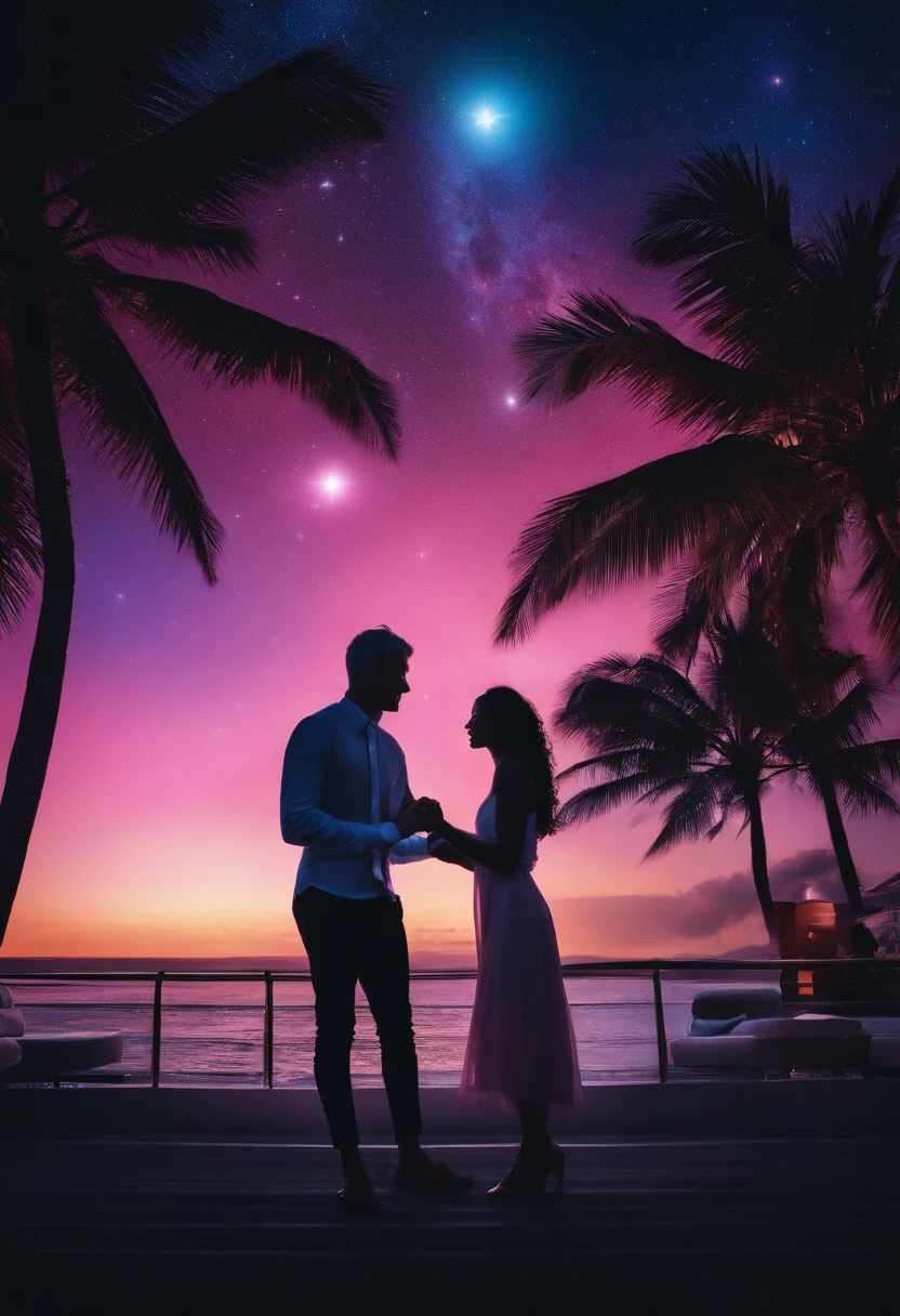 Cinematic images,Romantic couple kissing in the wind,Blue-haired boy,Girl with pink hair,glowing stars,Glow effects,Heart-shaped bubbles,the night,On a cruise ship,The face is clear and accurate,detail in face,super-fine,beachside,16K resolution,high qulity,电影灯光,High picture detail,dynamic viewing angle,Detailed pubic hair,Epic shooting,oc rendered