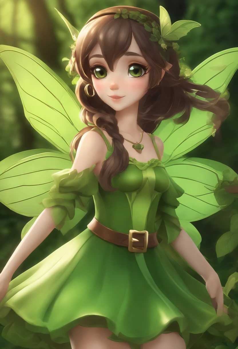 Anime girl en costume vert et noir sur ailes et fond vert, Personnage de lutin, fairy, forest fairy, Insect trainer girl, Brown Elf with Fairy Wings, lutin, Cute 3D Anime Girl Rendering, April Rendition, Fairy Dance, jambes ouvertes