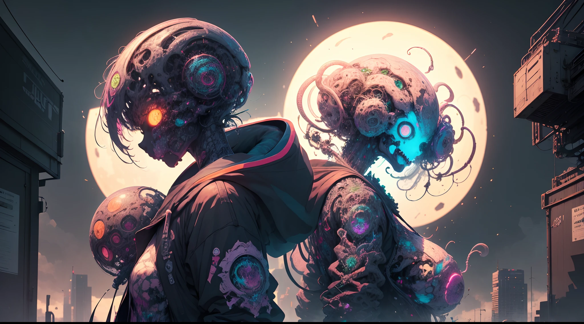 future city,Guerra, Empty, plants covering the building, dead and foggy,Explosions, catastrophe, ataque alien, caos, terra arrasada,cataclysmic storming made with horror creatures, devastating a city. Horror art, unreal engine, UHD, sketch color drawing. Illustration by Dan Seagrave,