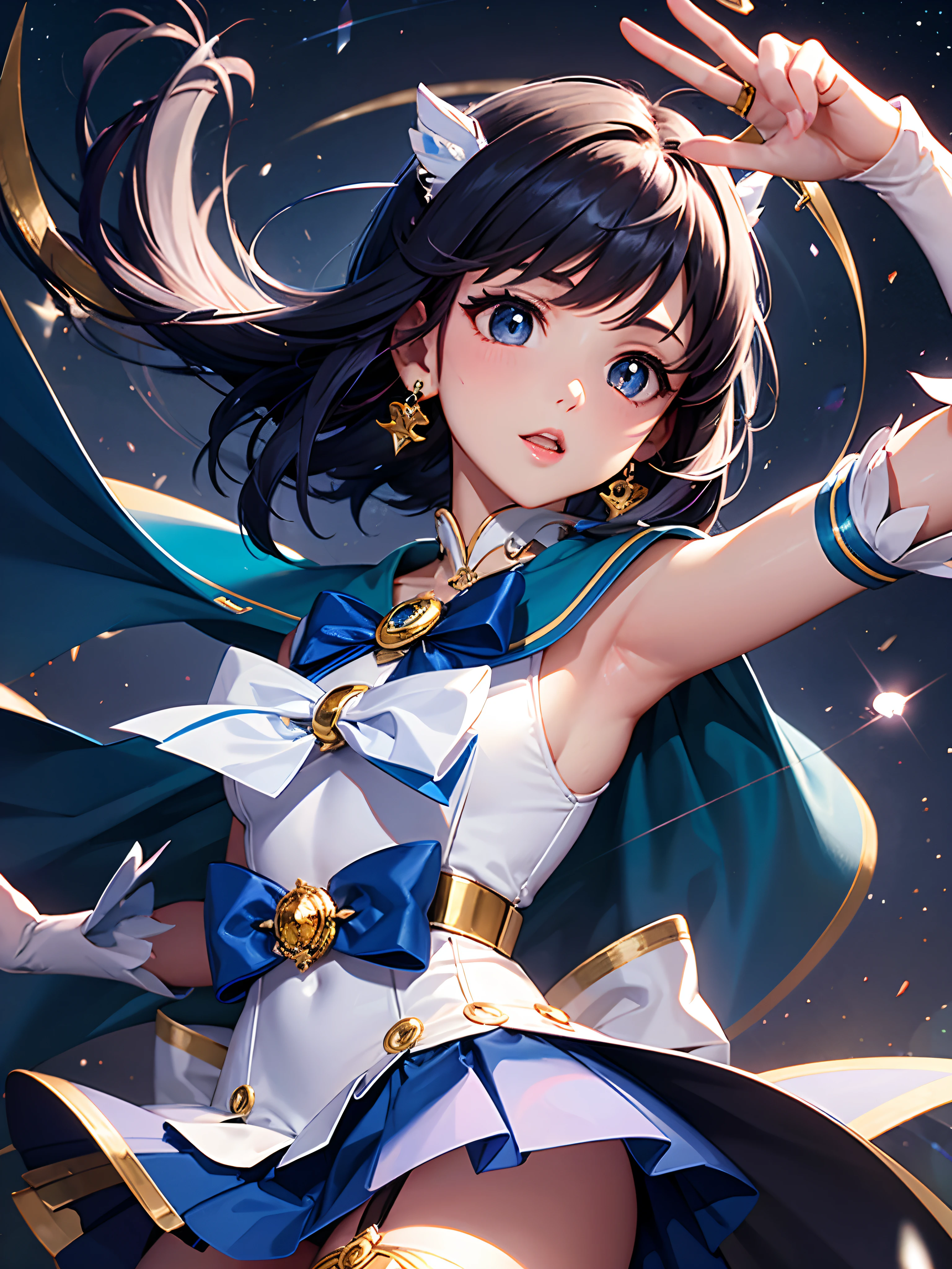 best quality,masterpiece,(((Delicate fingers and hands:0.55))::0.85))),(Detail fingers),,1girl ,moonlight,under the moon,at night,rich background,((Ami Mizuno)),(Sailor Mercury,)Sailor suit, magical girl,dark blue hair, blue pupils, White pure blue skirt, blue collar with white stripes, light blue bows on the chest and back skirt, pure blue round stones on the chest bow, white three-ringed shoulder harness, white V-shaped waist harness, white three-ringed gloves with blue trim, blue white-trimmed boots with half-heels, gold V-shaped stripes with oval sapphires, three light blue gemstone studs for the left ear and one for the right ear, and a collar with a pure blue sash,((peace sign))