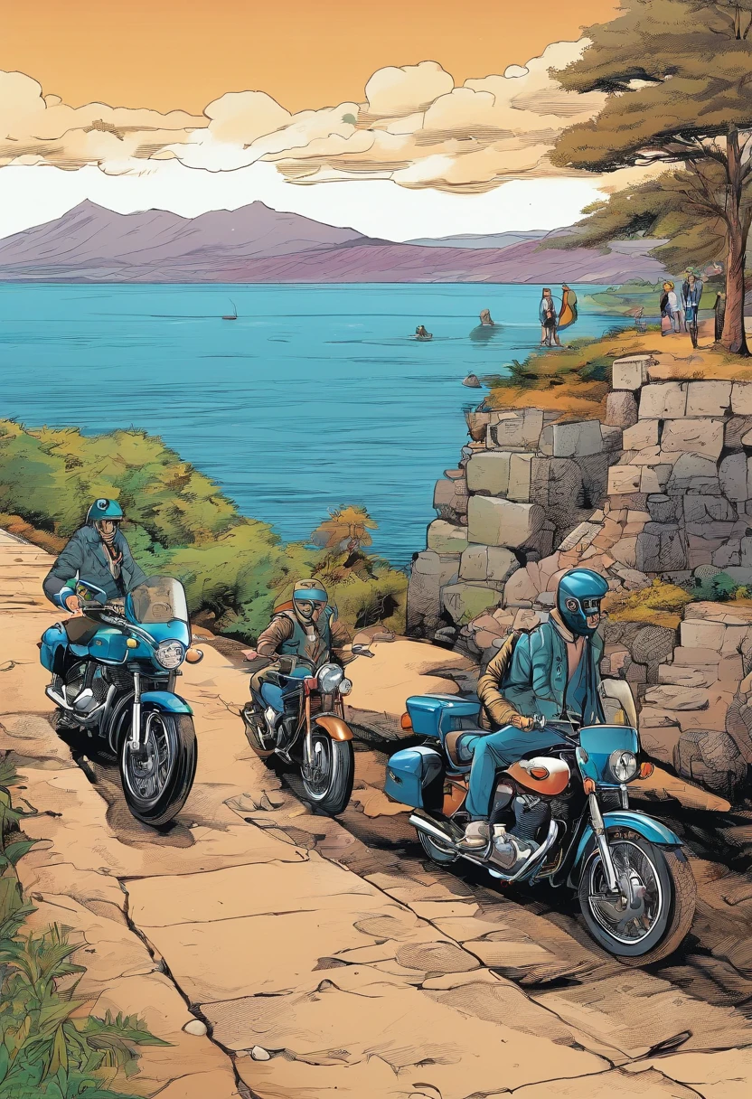 Motociclistas vestidos com coletes de couro de moto clube, Sitting on the wall of the road watching the sunset. Meeting of motorcyclists at sunset between the sea and the mountains, Meeting of motorcyclists between the mountains and the sea at sunset, bandeira preta hasteada, Levantou, melhor qualidade, Birthday, partido, caminho, Montanhas e Mar. Bandeira bonita tremulando no vento.