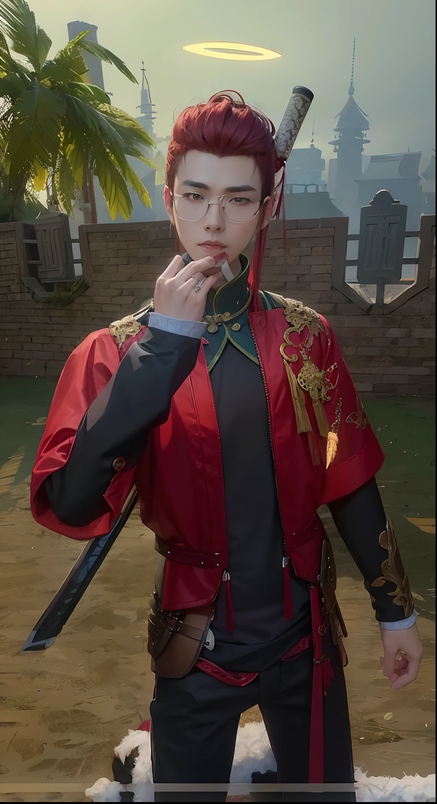 anime man in red jacket with sword and red tree in background, inspired by Huang Shen, inspired by Bian Shoumin, inspired by Wuzhun Shifan, inspired by Hong Ren, inspired by Ren Xiong, inspired by Guan Daosheng, inspired by Shen Quan, inspired by Du Jin, heise jinyao, handsome guy in demon slayer art