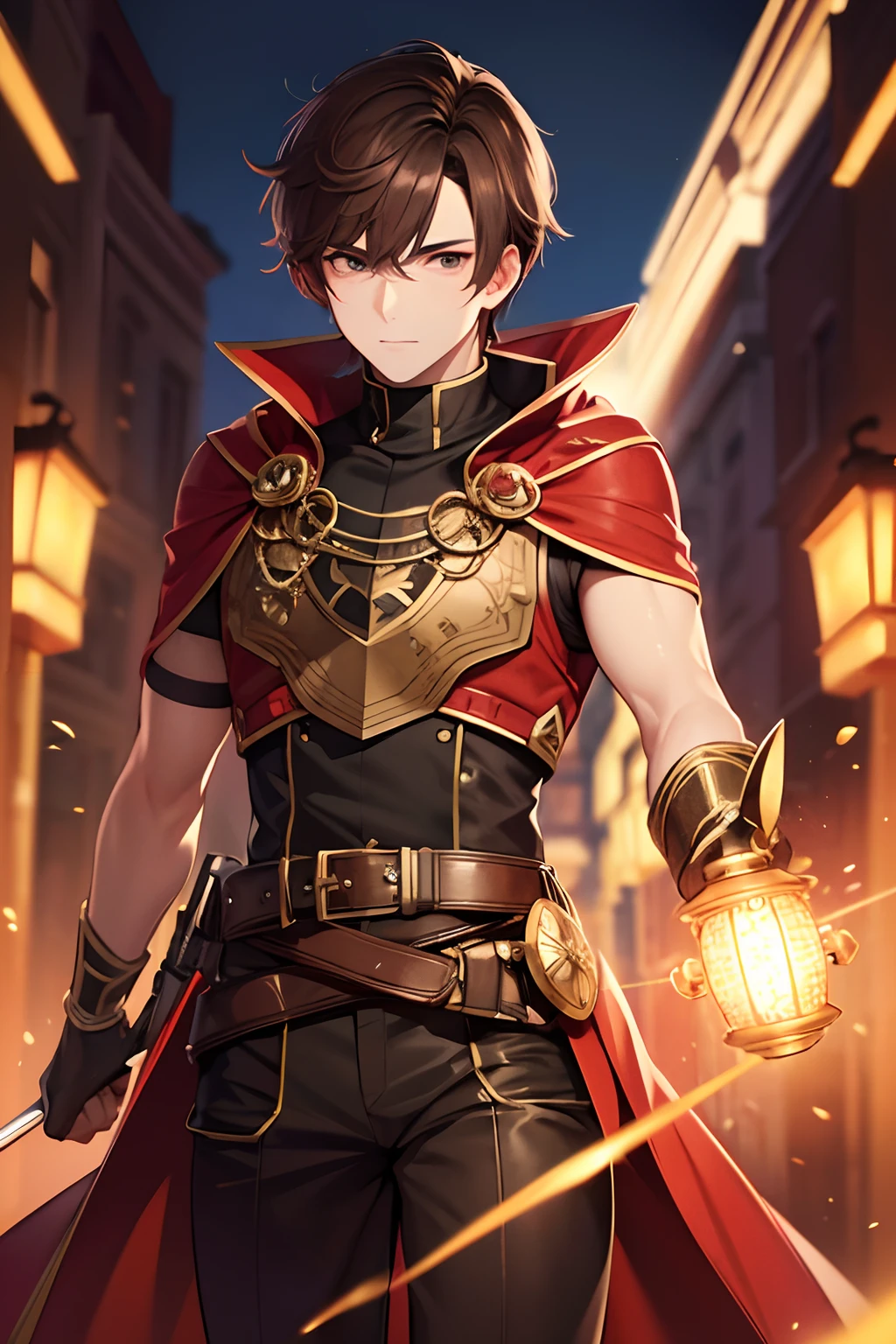 (ultra-detailed,highres,best quality:1.2) mage, male, Brown hair, mask, casting, bright light, RED