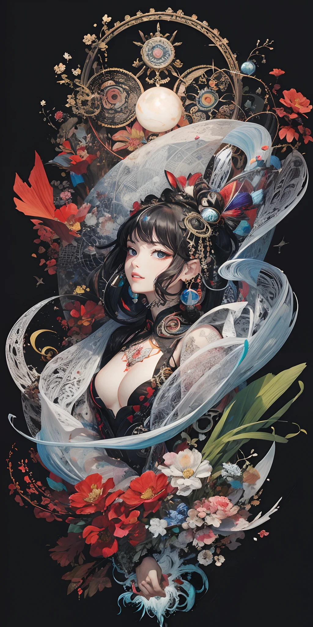 official art, unity 8k wallpaper, ultra detailed, beautiful and aesthetic, masterpiece, best quality, chinese style, (zentangle, mandala, tangle, entangle), ecstasy of flower, 1girl, extremely detailed, dynamic angle, cowboyshot, the most beautiful form of chaos, elegant, a brutalist designed, vivid colours, romanticism, by james jean, roby dwi antono, ross tran, francis bacon, michal mraz, adrian ghenie, petra cortright, gerhard richter, takato yamamoto, ashley wood, atmospheric