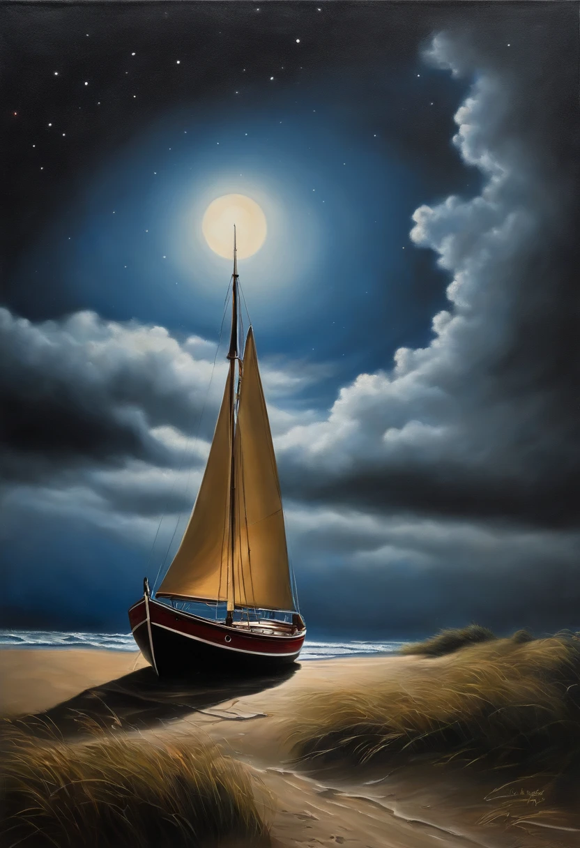 reales Bild（（Oil ））Landschaftsmalerei,Acrycle Malerei，Pinselstriche，Mit unvergleichlichem Realismus,ultrabreit,Unheilvoller Himmel, Segelschiffe, (Segelboote), (Riesige Wellen), (Seesturm), Sternennacht, Iwan Konstantinowitsch Aiwasowski, romantische Beleuchtung, Lichtung, realistisch, James Gurney, Kunststationen，Meereswellen im Stil von Aiwasowski,（（Painting with oil painting））