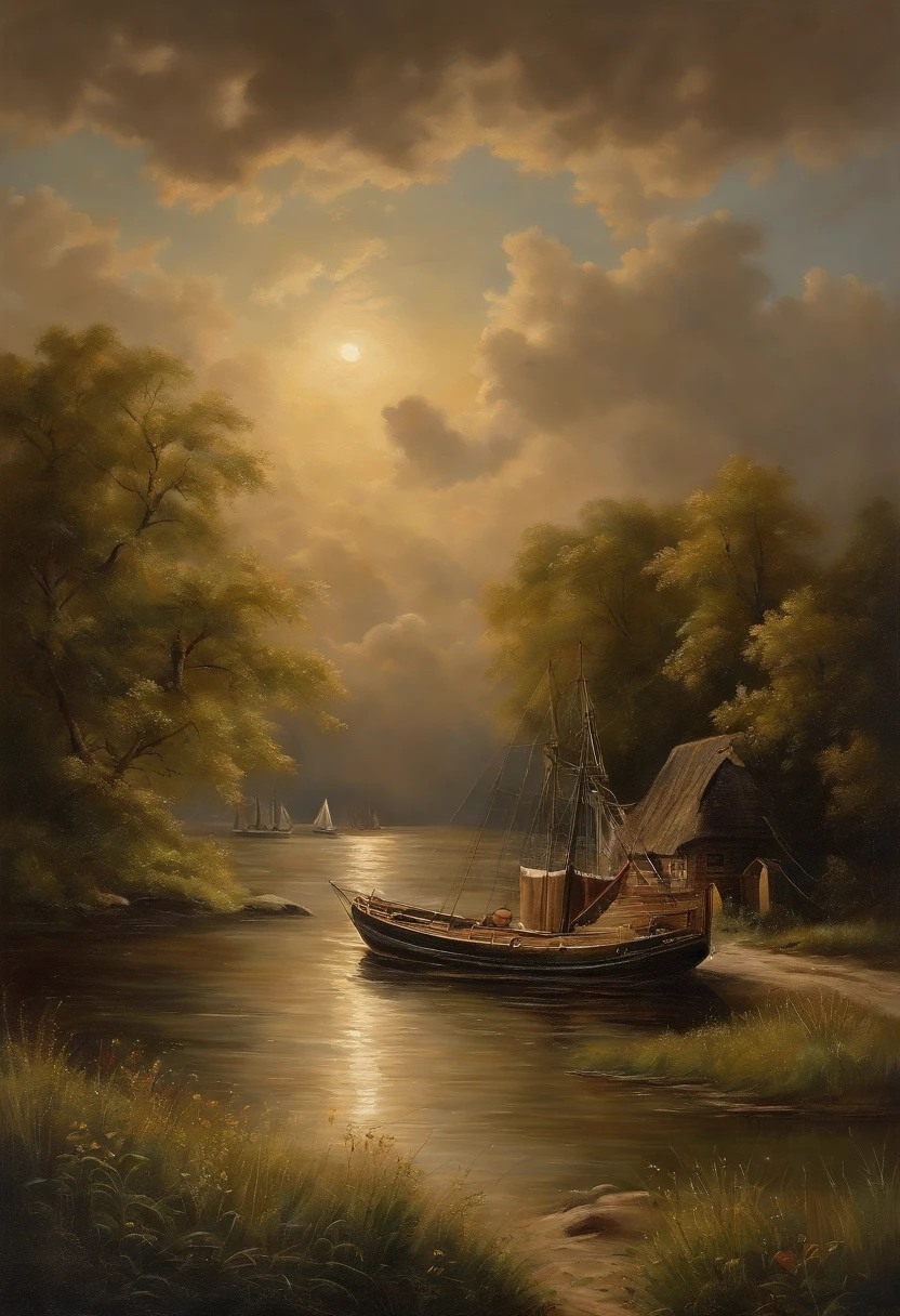 reales Bild（（Oil ））Landschaftsmalerei,Acrycle Malerei，Pinselstriche，Mit unvergleichlichem Realismus,ultrabreit,Unheilvoller Himmel, Segelschiffe, (Segelboote), (Riesige Wellen), (Seesturm), Sternennacht, Iwan Konstantinowitsch Aiwasowski, romantische Beleuchtung, Lichtung, realistisch, James Gurney, Kunststationen，Meereswellen im Stil von Aiwasowski,（（Painting with oil painting））