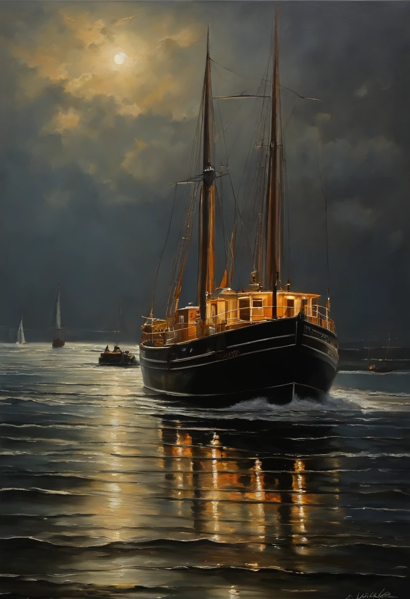 reales Bild((Oil ))Landschaftsmalerei,Acrycle Malerei,Pinselstriche,Mit unvergleichlichem Realismus,ultrabreit,Unheilvoller Himmel, Segelschiffe, (Segelboote), (Riesige Wellen), (Seesturm), Sternennacht, Iwan Konstantinowitsch Aiwasowski, romantische Beleuchtung, Lichtung, realistisch, James Gurney, Kunststationen,Meereswellen im Stil von Aiwasowski,((Painting with oil painting))