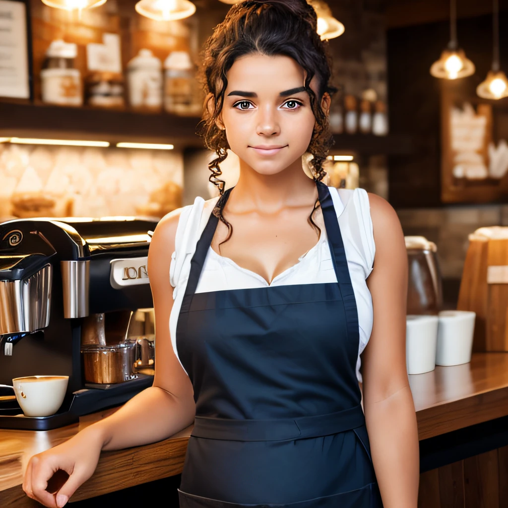1girl, , short curly dark brown hair in a ponytail, tan skin, freckles, blue eyes, (wearing a black apron), barista, (making coffee), cowboy shot, cafe background, tired expression, looking away, huge breasts, full-body shot, wide angle, (hanging breasts), (massively pregnant)
