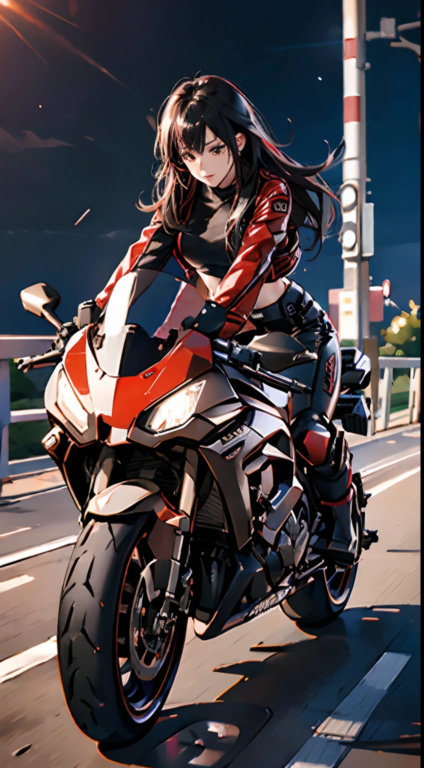 (Best Quality,4K,High resolution), high-level image quality、High quality pixels、Resolution up、Female rider riding motorcycle on national highway、Intricately decorated red rider jacket、Navel Ejection、Tight leather pants、cross belt、Long hair with red highlights on black hair、Drift Metallic Red Bike、Expresses a sense of speed and dynamism、Realistic depiction with delicate details、sharp eye、Full body projection