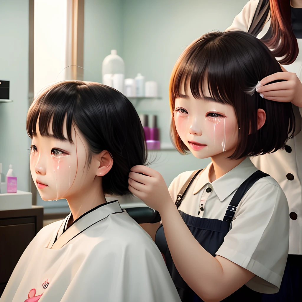 The photo shows a woman and an elementary school boy.、barber、(A young and very beautiful woman(Wearing a white barber's uniform:1.4)、skirt、Cutting a boy's hair:1.7)、少年はbarberのイスに座る、A kind smile、Big Breasts、Boy looking at woman's breasts、Fine facial features、Beautiful Eyes、Long eyelashes、Highly detailed and realistic cinematic lighting、Glowing Skin、Delicate hands、Warm tones、Soft focus background、