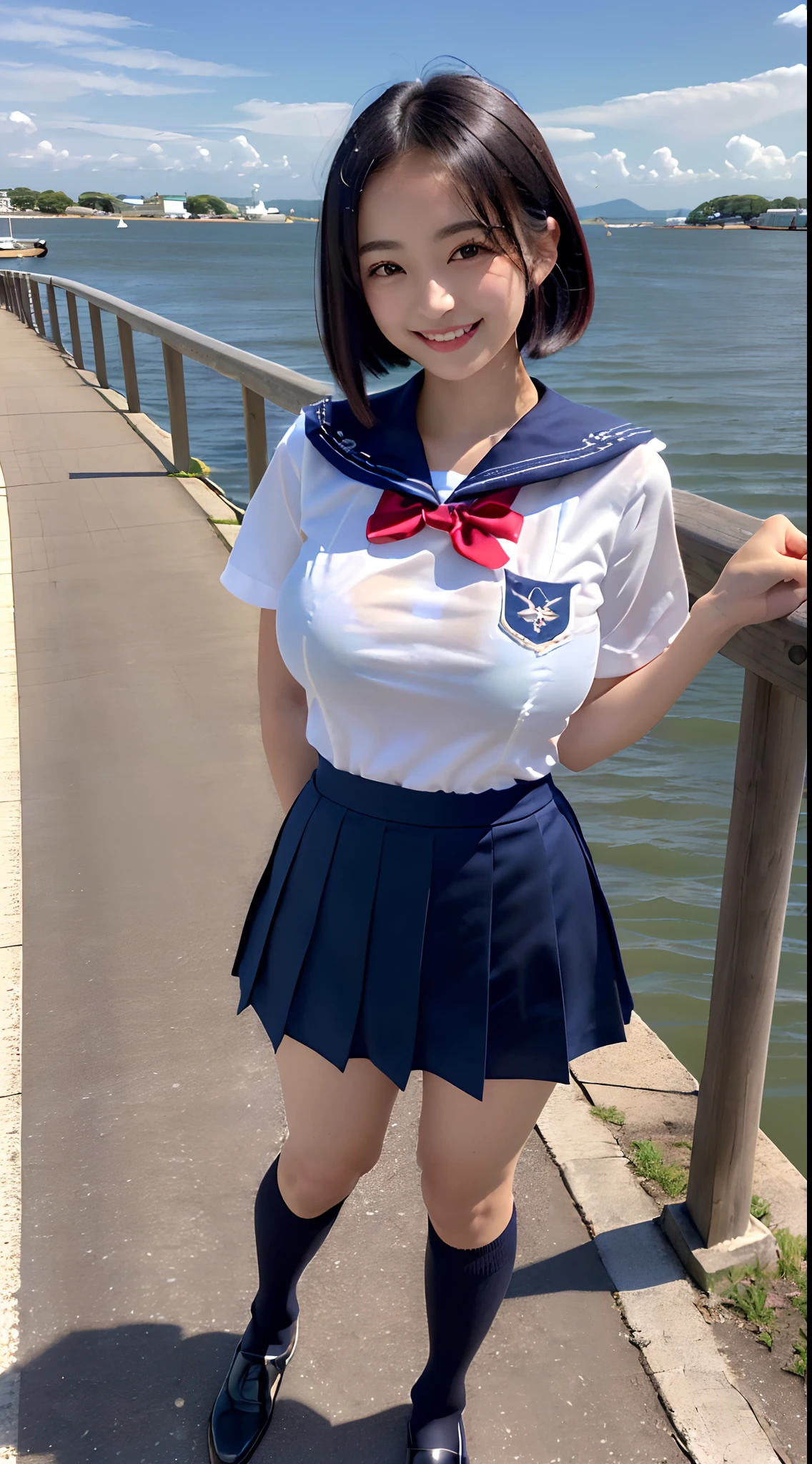 (in 8K, 超A high resolution, Best Quality, masutepiece:1.1),(18year old:1.1)、(Look away)、in 8K、RAW portrait of japanese girl、Photorealsitic、超A high resolution、top-quality、(a sailor suit、Navy Pleated Mini Skirt:1.2) (hi-school girl、toned body、Be sure to hide all breasts、Black hair straight hair、 Super cute、Cute smile、Navy Mini Skirt Sailor Suit、Black socks、lowfers:1.4)Walk along the path by the sea