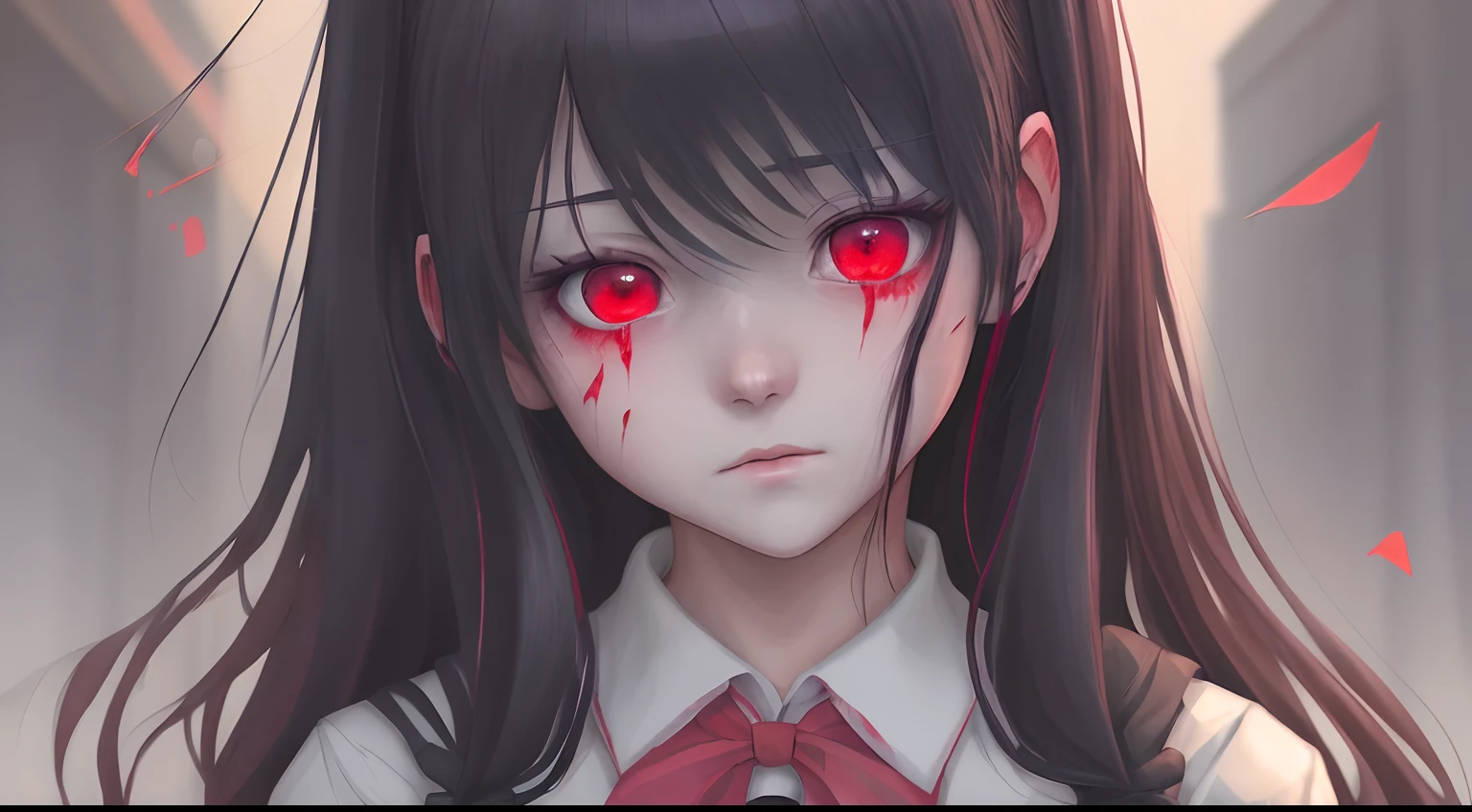 Girl with long black hair and yellow eyes crying holding a rose with thorns that make her hands bleed anime.