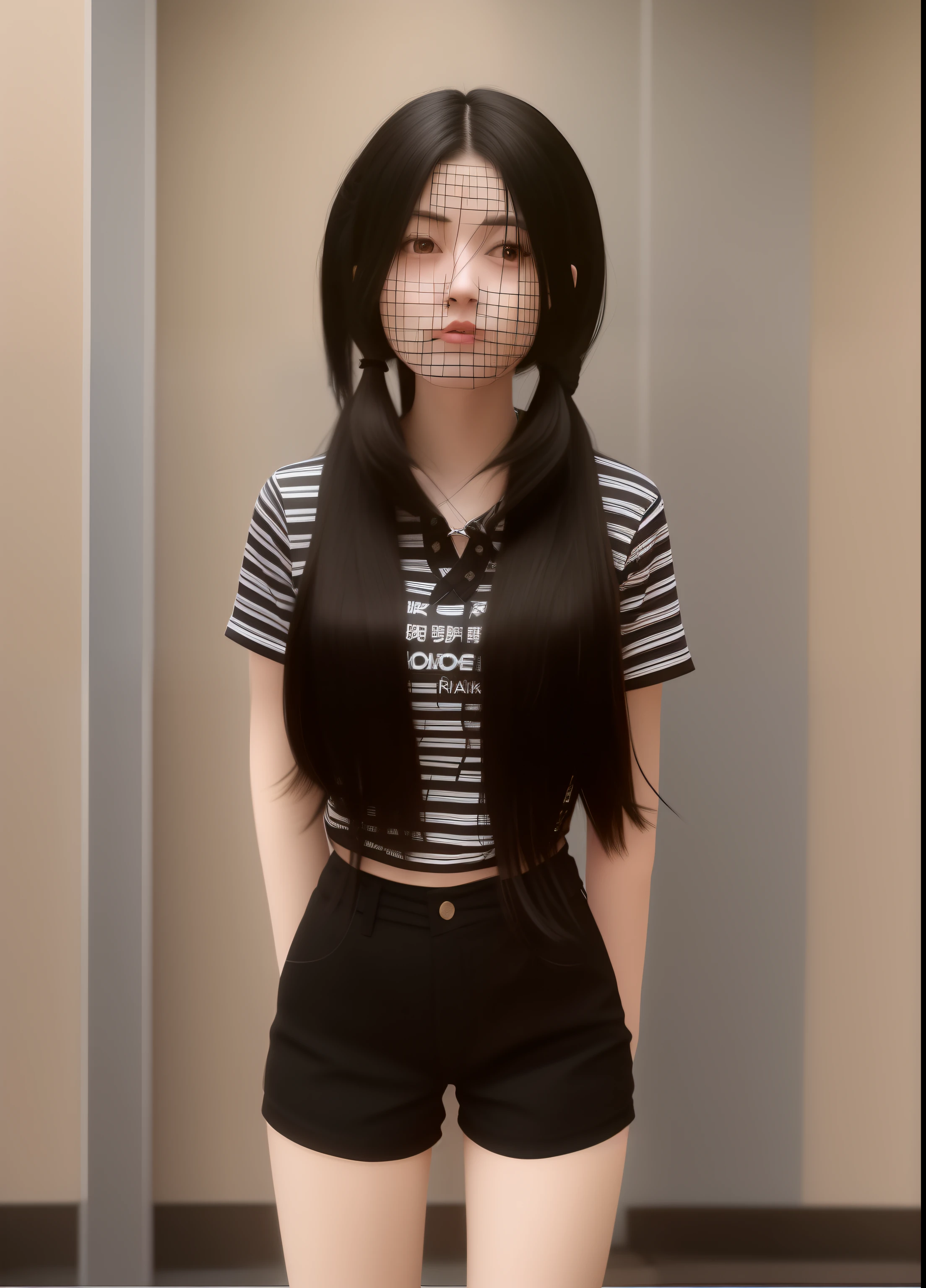 Allard woman with long black hair and striped shirt, ulzzangs, Korean symmetrical face, light dark long hair. apathy, with straight black hair, waist long hair, with same hairstyle, long thin black hair, With long hair, front picture, With long black hair, half body crop, with long dark hair, with black pigtails