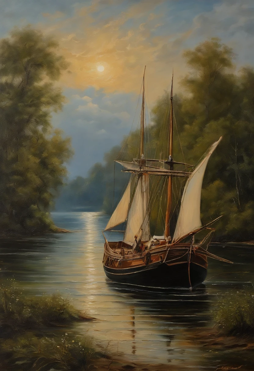 reales Bild（（Oil ））Landschaftsmalerei,Acrycle Malerei，Pinselstriche，Mit unvergleichlichem Realismus,ultrabreit,Unheilvoller Himmel, Segelschiffe, (Segelboote), (Riesige Wellen), (Seesturm), Sternennacht, Iwan Konstantinowitsch Aiwasowski, romantische Beleuchtung, Lichtung, realistisch, James Gurney, Kunststationen，Meereswellen im Stil von Aiwasowski,（（Painting with oil painting））Segelschschiff detailgetreu